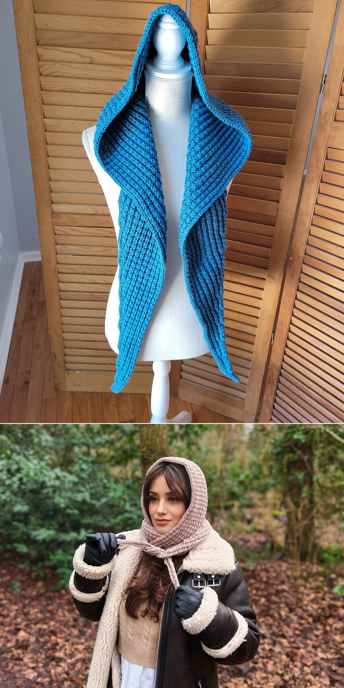Top: Blue crochet hood scarf on a mannequin. Bottom: Woman outdoors wearing a light brown knit hooded scarf, black gloves, and a shearling-trimmed coat.