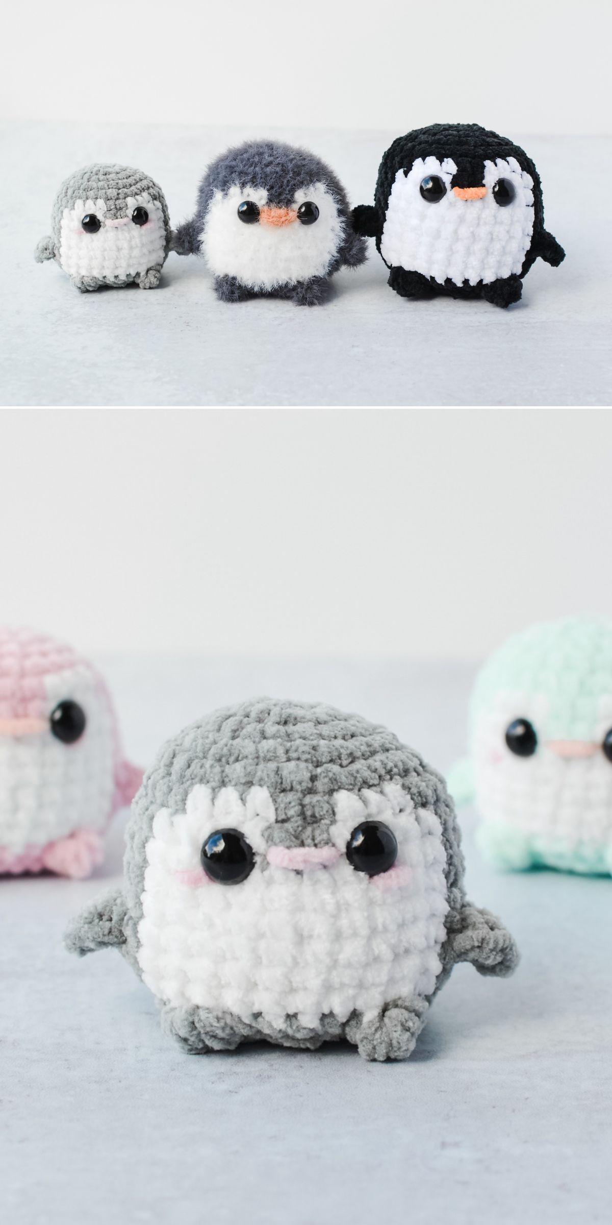 Three crocheted penguin plush toys in various sizes and colors, made using charming penguin amigurumi patterns, followed by a closeup of a gray one with blurred pastel-colored plush toys in the background.