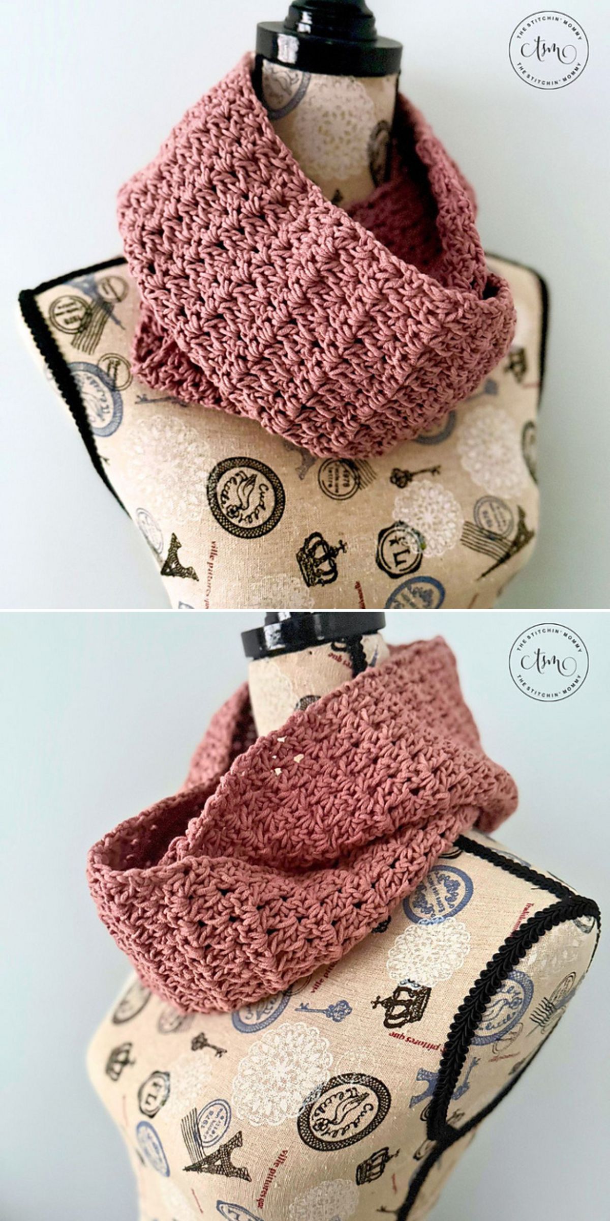 Two images of a crochet infinity scarf in pink, displayed on a mannequin with a patterned fabric cover featuring travel-themed stamps and icons.