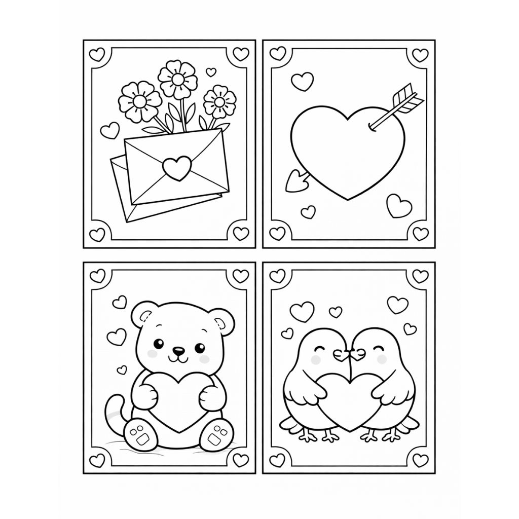 Four black and white Valentine-themed cards: flowers in an envelope, a heart with an arrow, a bear holding a heart, and two birds holding a heart together.