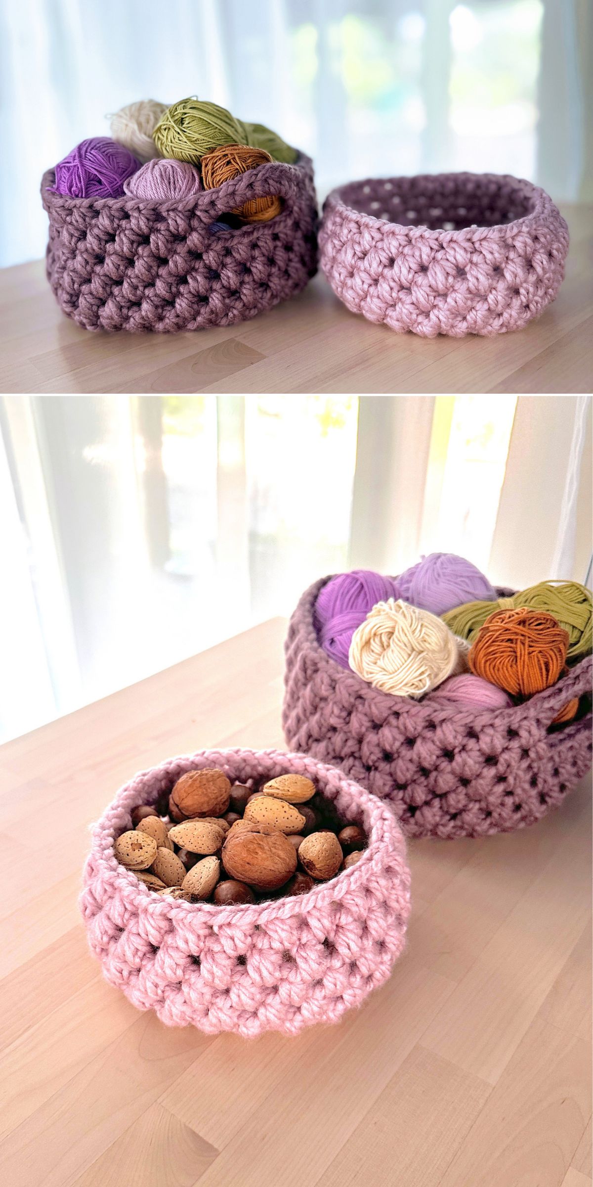 Two chunky, hand-crocheted baskets: one pink and one purple. The purple crochet basket holds yarn balls, while the pink basket contains assorted nuts. Both sit on a light wooden surface.