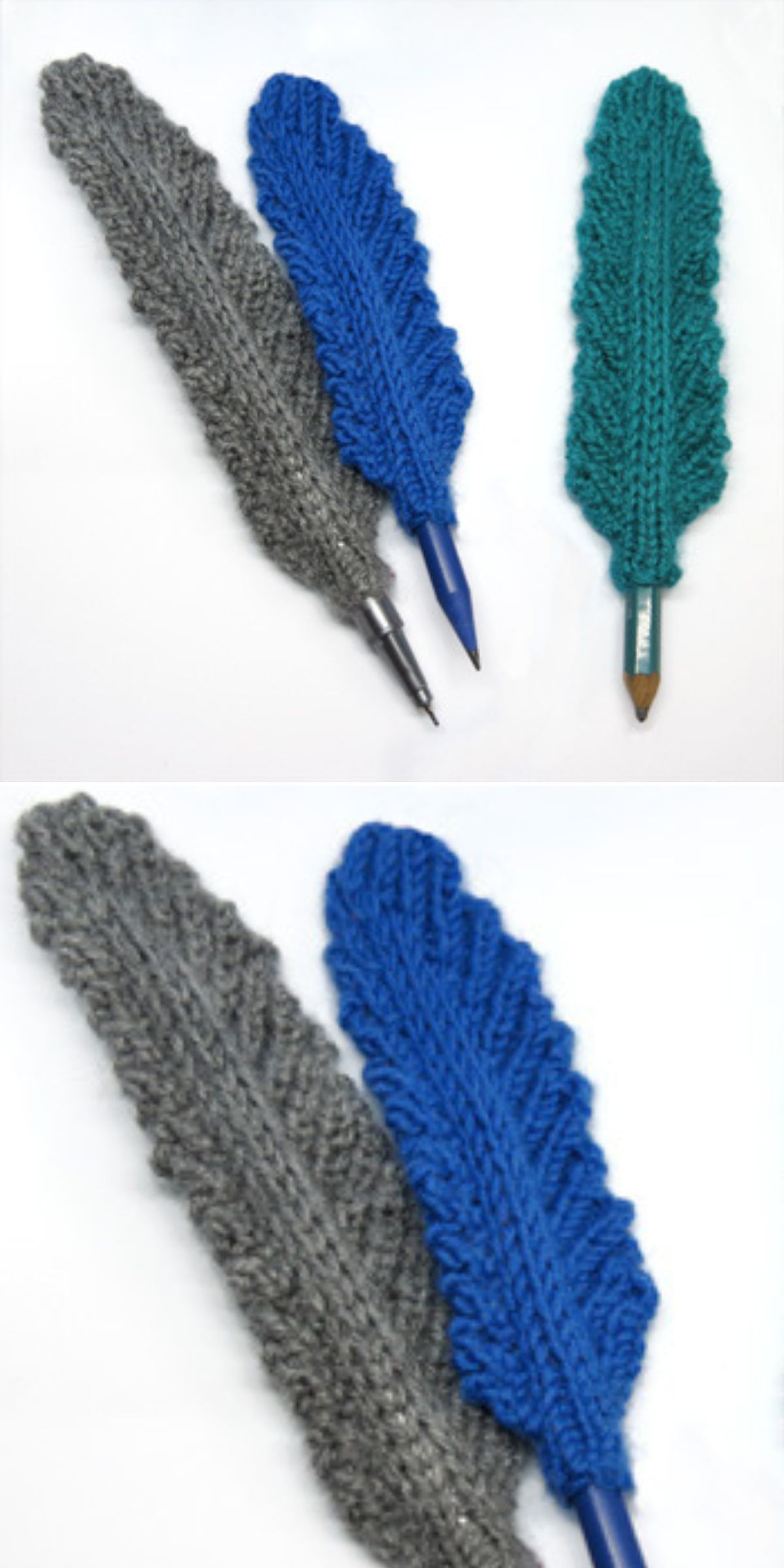 Two knitted feather-shaped covers, perfect for small projects, in blue and green decorate a pen and pencil. A loose gray knitted feather rests nearby on a white background.