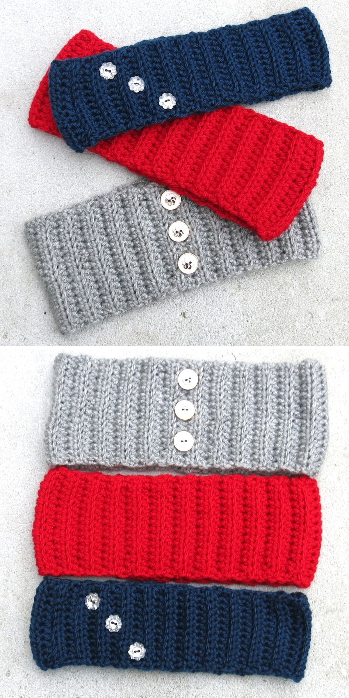 Three ribbed crochet headbands in blue, red, and gray, each featuring three buttons as decoration, are displayed on a neutral background.