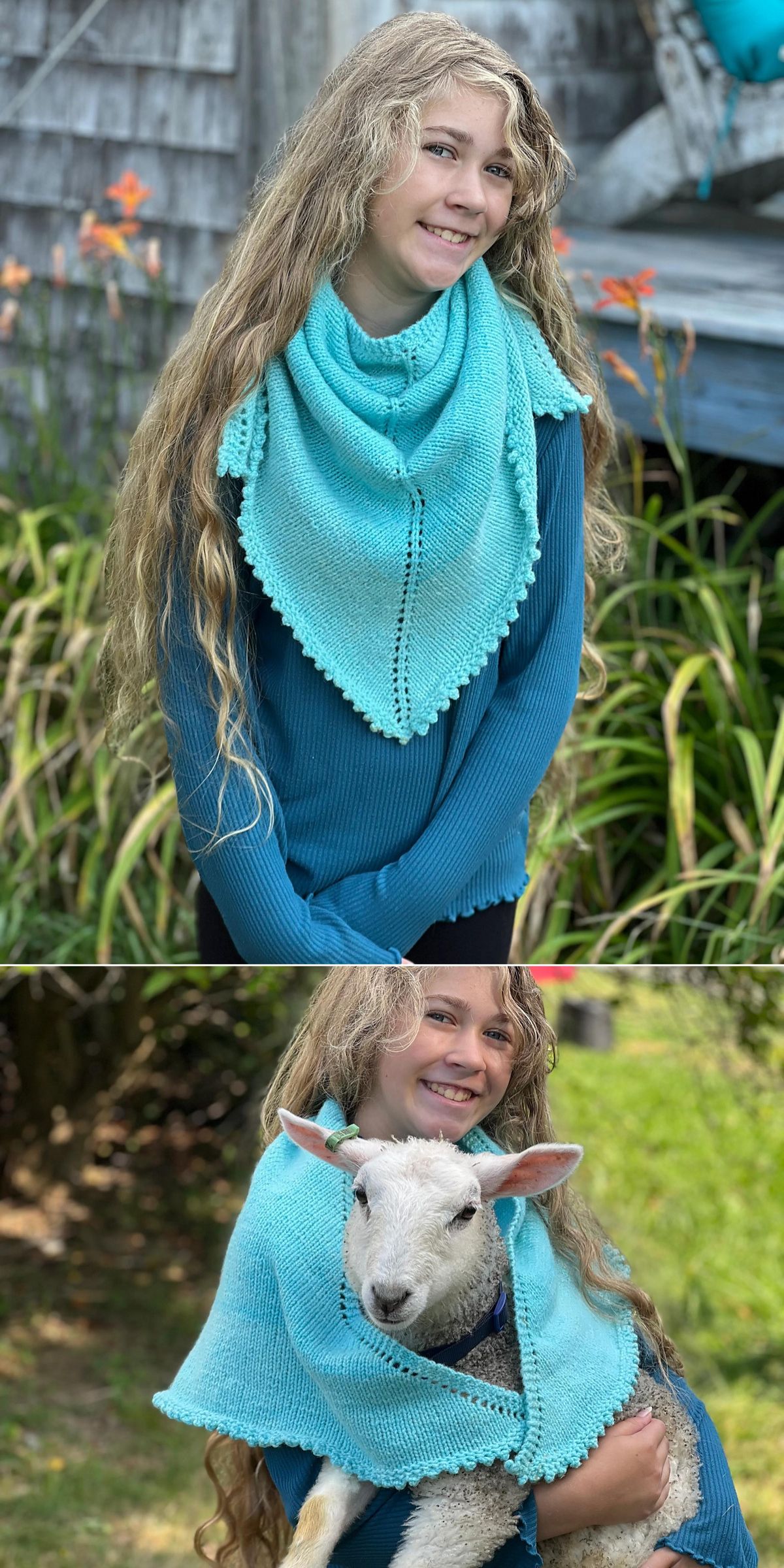 A girl with long hair wears a turquoise shawl in the top image; in the bottom, she wraps the same handmade piece—created from a shawl knitting pattern—around a lamb while smiling outdoors.