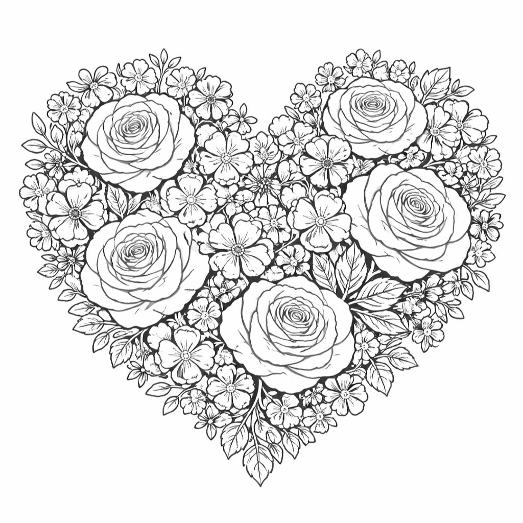 Black and white illustration of a heart shape made from roses, small flowers, and leaves, arranged closely together.