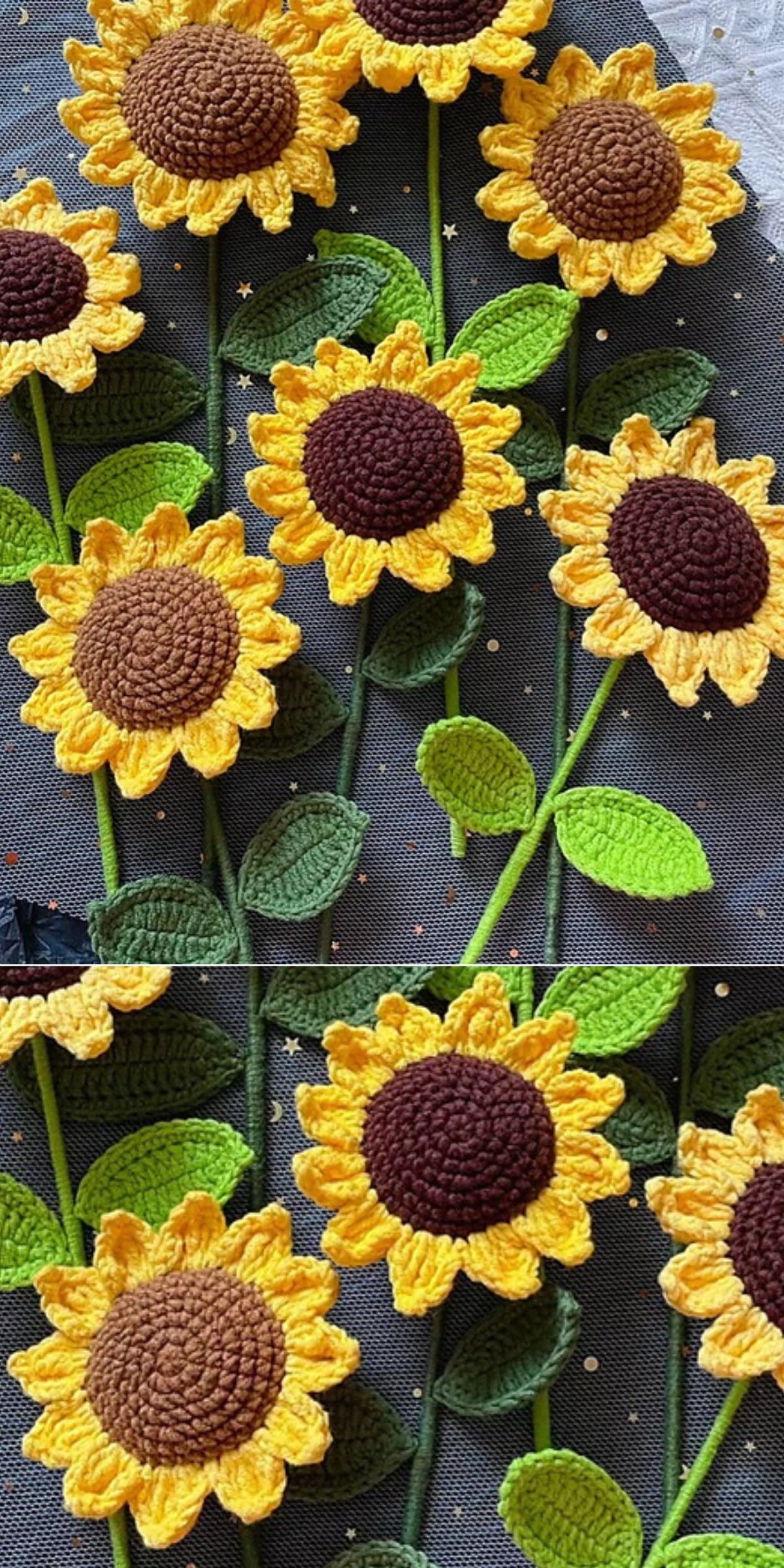 Several crocheted sunflowers with yellow petals, brown centers, and green stems and leaves are arranged on a gray fabric background, showcasing beautiful Sunflower Crochet perfect for adding charm to any space.