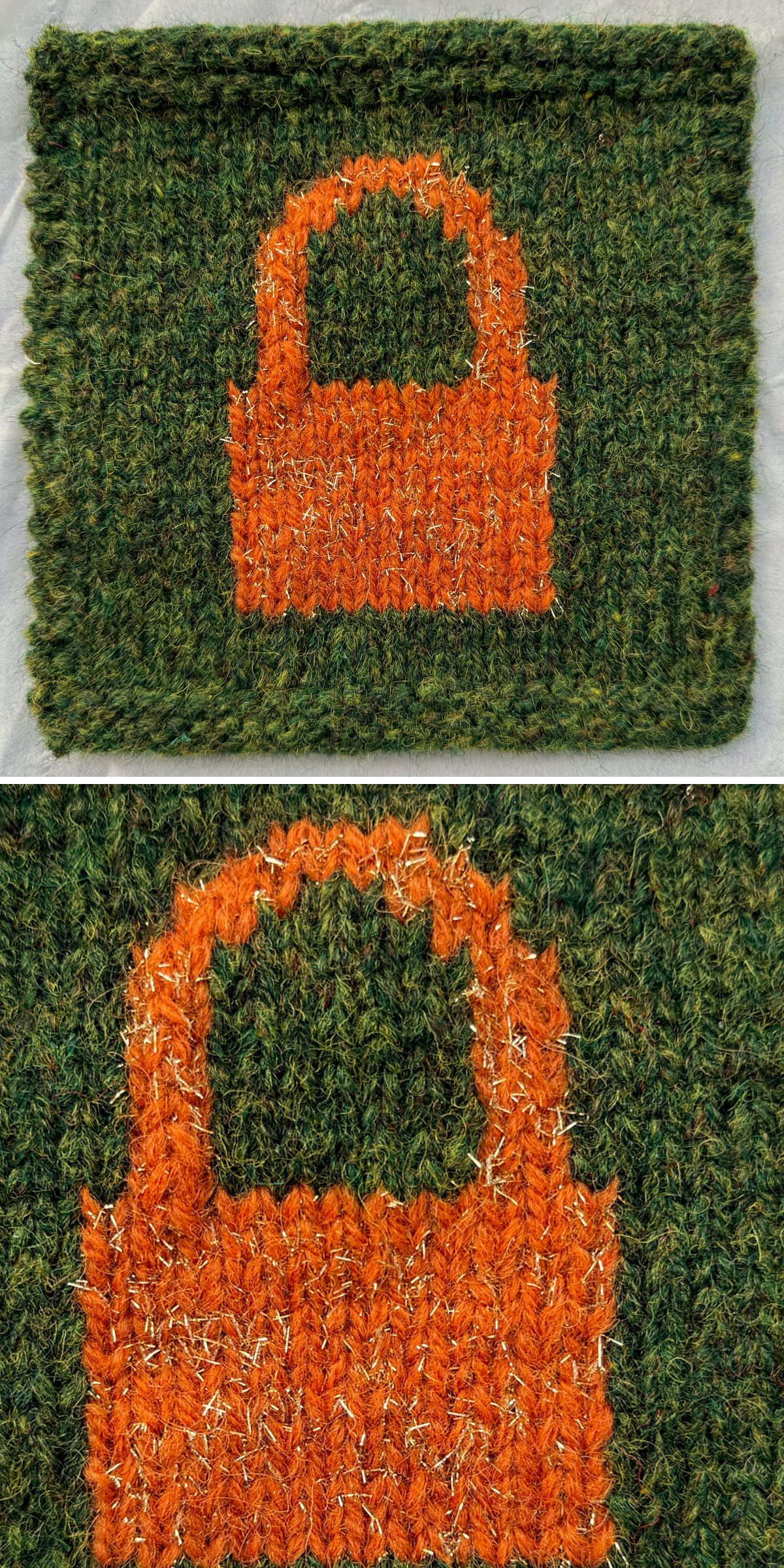 A green knitted coaster square featuring an orange handbag design in the center; close-up shows detailed stitching and texture.