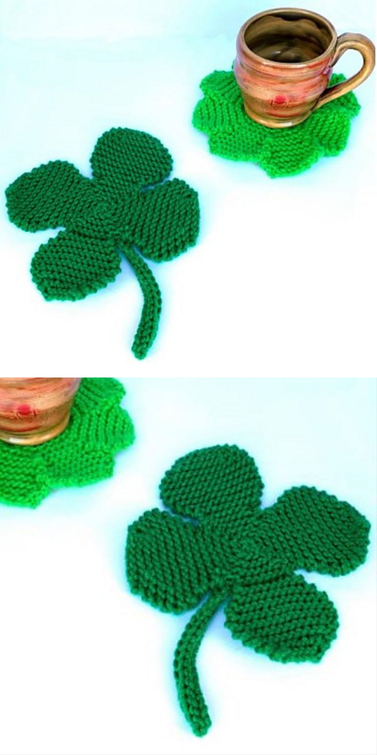 A brown ceramic mug rests on a green knitted coasters shaped like a four-leaf clover; a second image shows a close-up of the detailed knitted clover.
