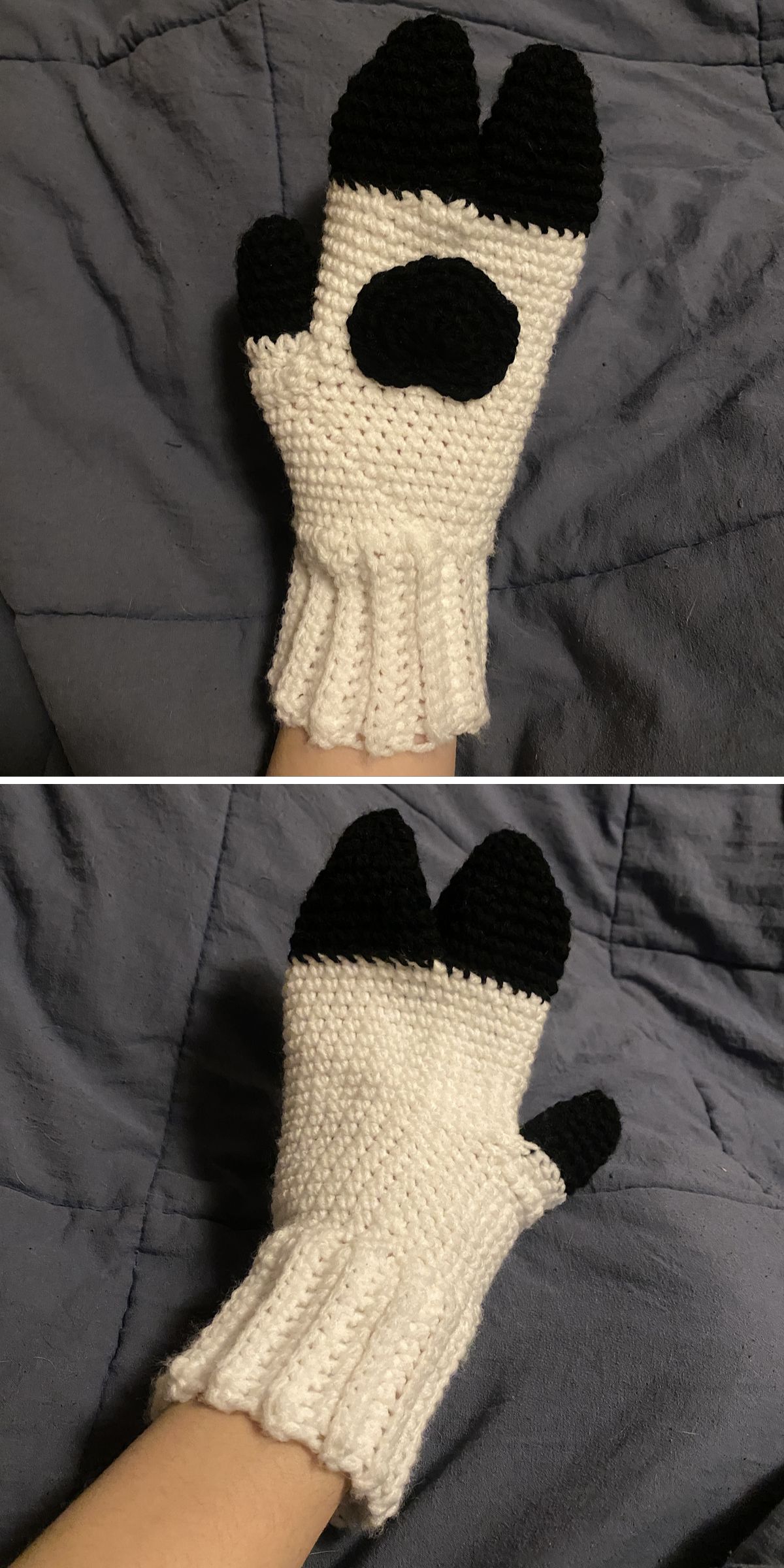 Crocheted mitten designed to resemble a cartoon animal paw, featuring black claws and a black pad on a white background — perfect for fans of unique crochet glove and mitten patterns.