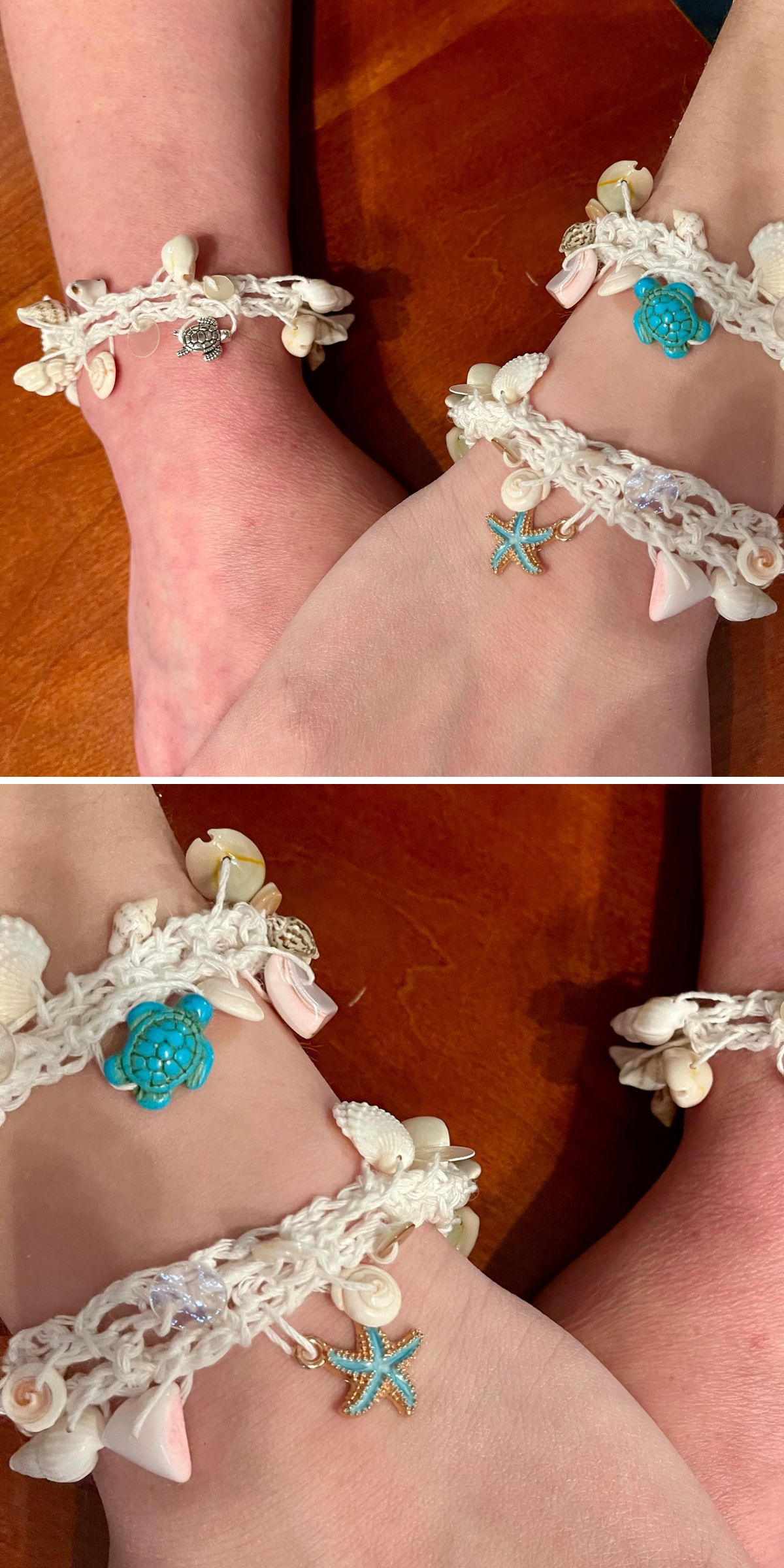 Two matching white shell anklets with ocean-themed charms, including a blue turtle and a starfish, are styled alongside trendy crochet accessories on two ankles resting on a wooden surface.