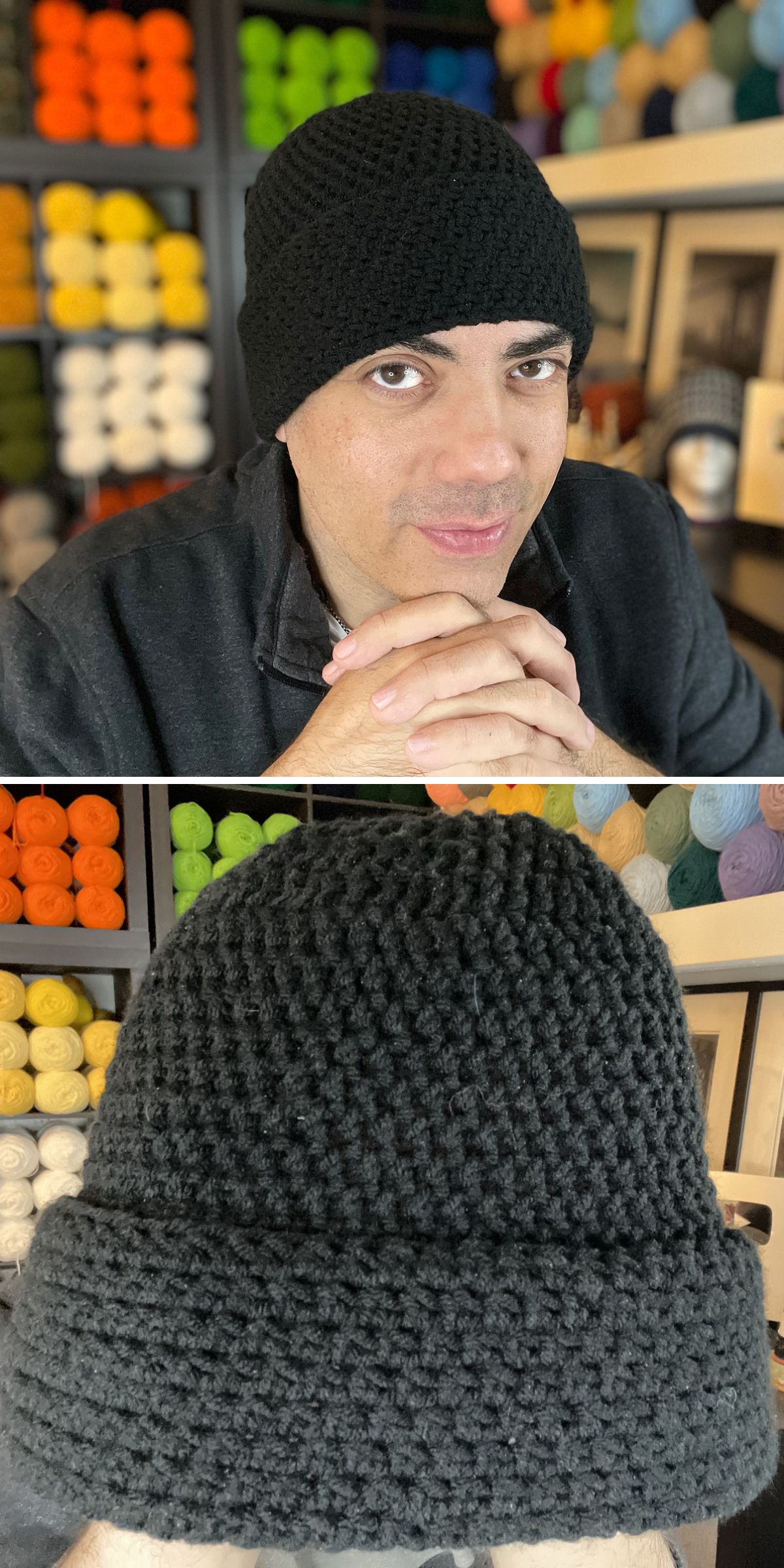 A person wearing a black crochet hat for men sits in front of shelves filled with colorful yarn; a close-up of the beanie is shown below.