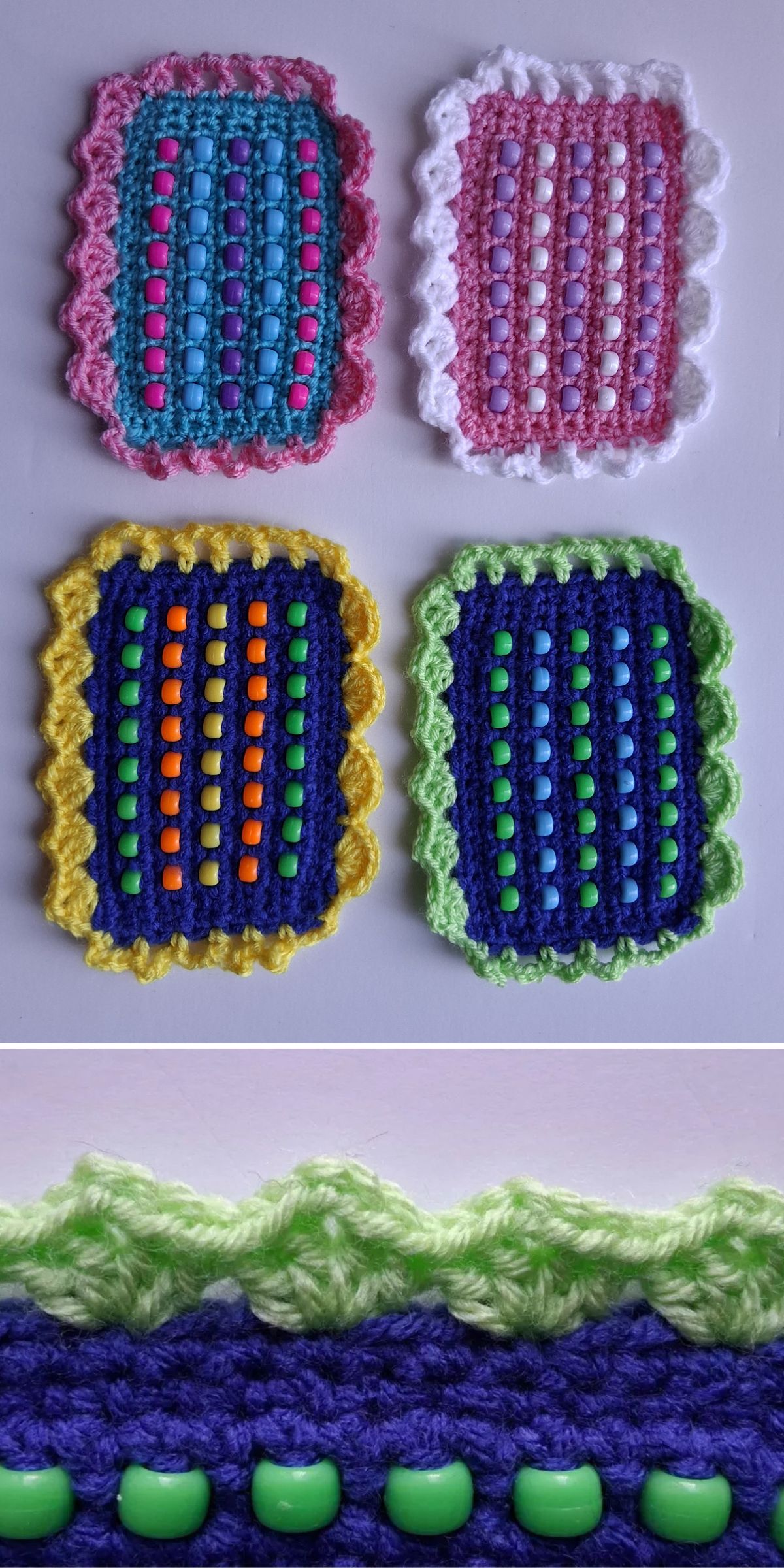 Four rectangular crocheted swatches with scalloped edges and rows of colorful beads are shown; a close-up below highlights the bead and stitch detail — perfect inspiration for your next crochet baby toy project.