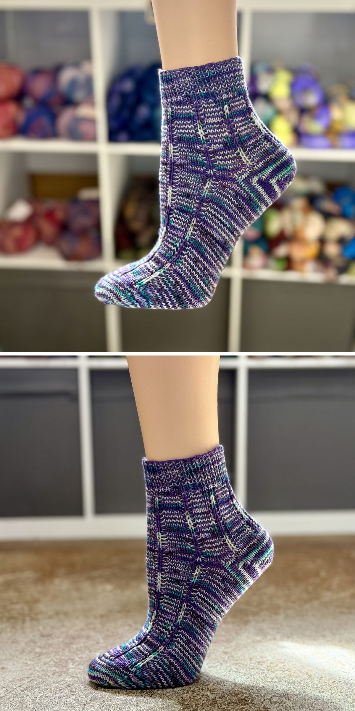 A mannequin foot displays a pair of purple, blue, and green knit socks featuring textured knitting patterns for socks, shown from two different angles indoors.