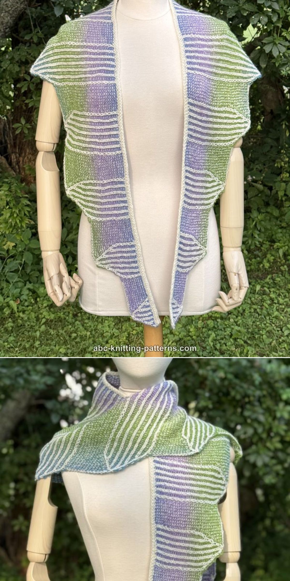 Knit shawl in green, purple, and white stripes displayed on a mannequin, featuring a stylish shawl knitting pattern, shown draped over the shoulders and wrapped around the neck.
