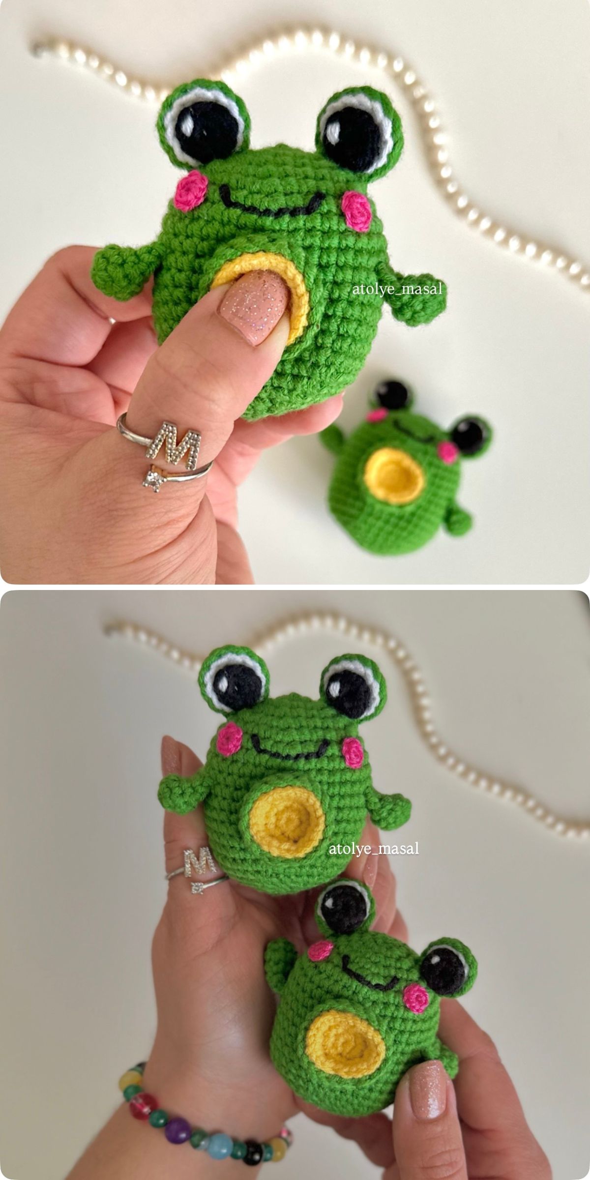 Two photos show hands holding small crochet frog toys with large eyes, rosy cheeks, and yellow mouths; a beaded bracelet and pearl necklace are also visible.