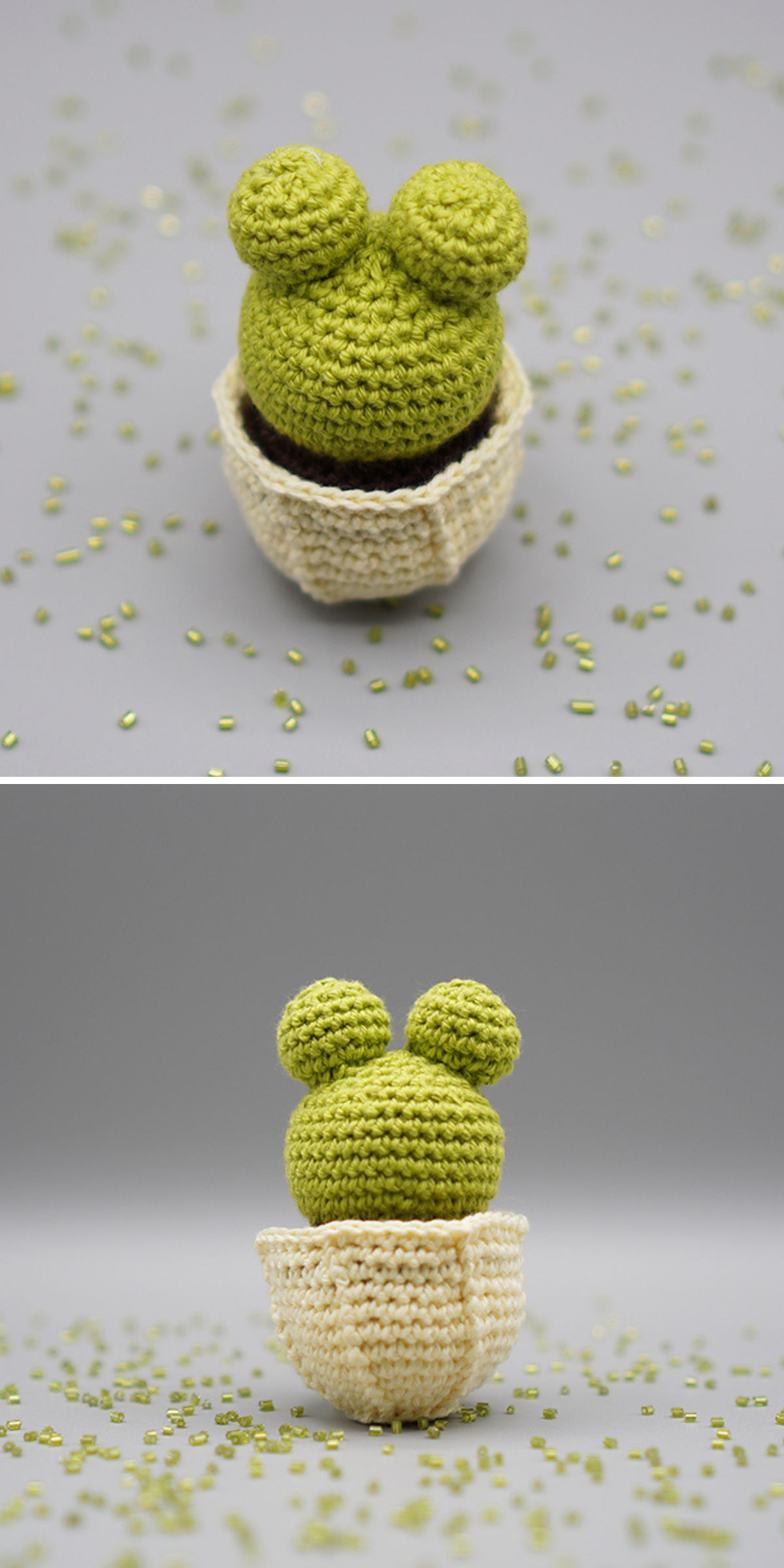 Two photos of a crocheted green cactus with two round ears, sitting in a white crocheted cup, resemble a whimsical crochet plant. Green beads are scattered on the grey surface.