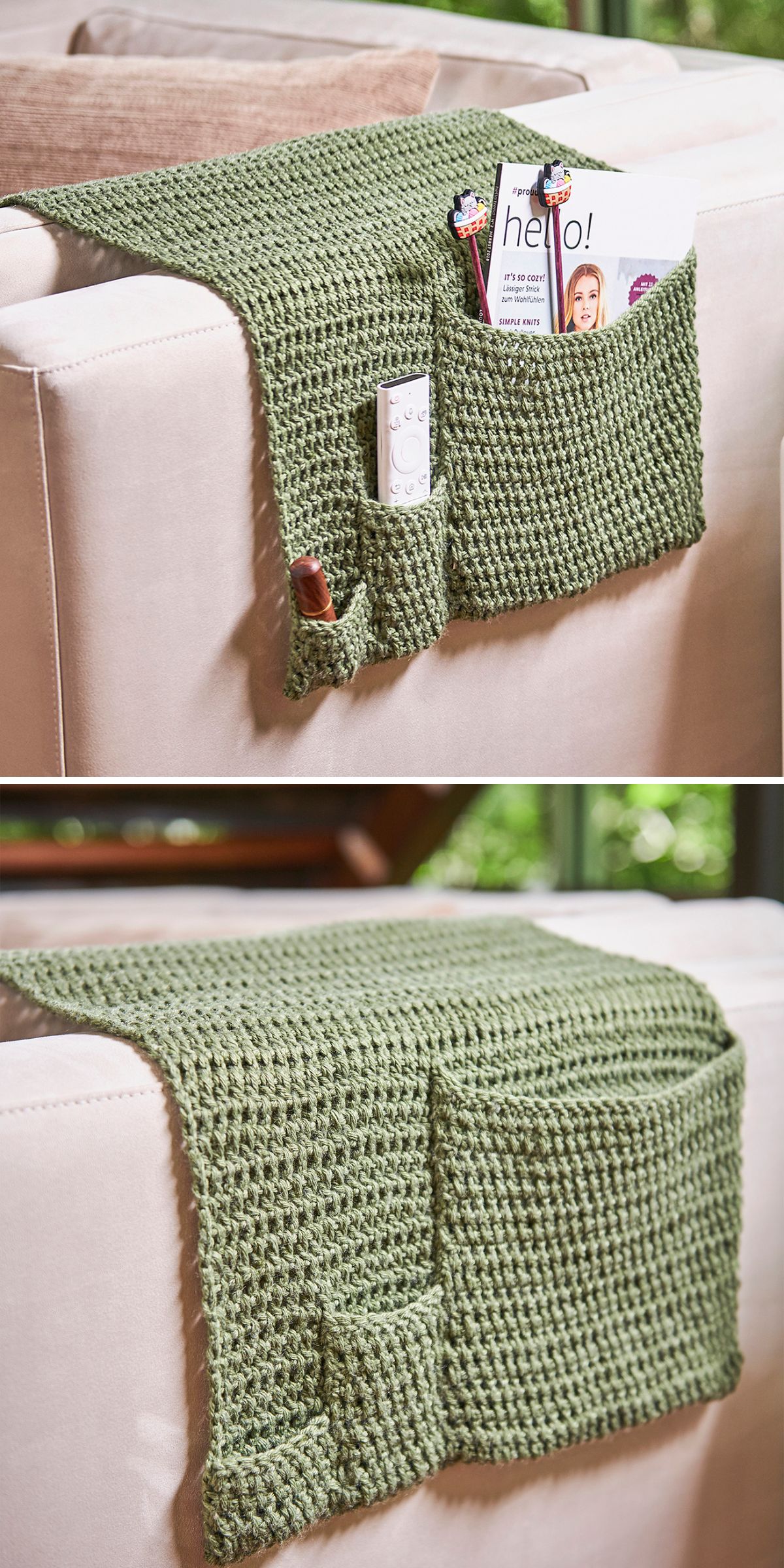 A green crochet organizer drapes over a beige sofa, with pockets holding magazines, a remote, and pens.