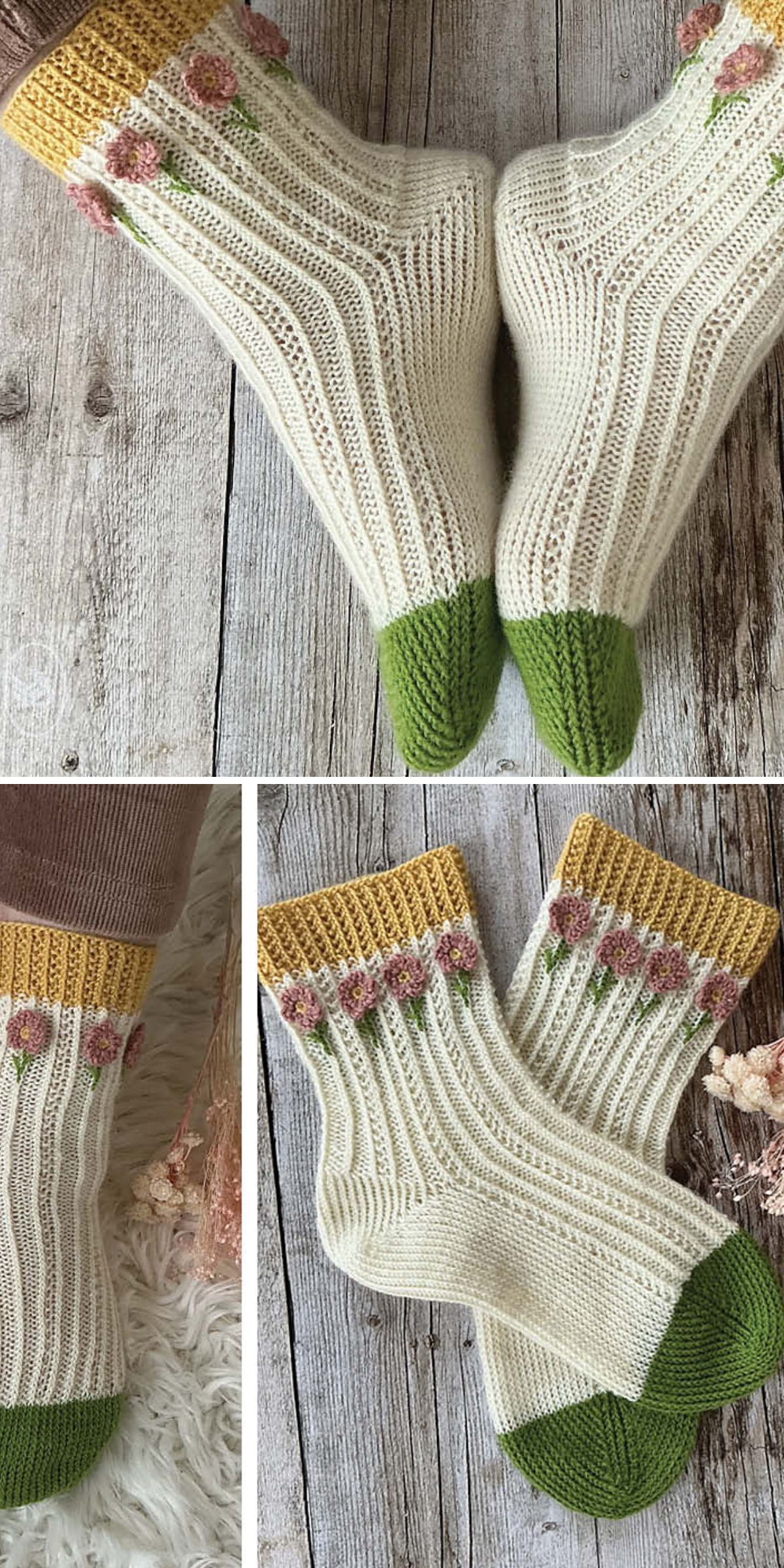 Knit socks with cream-colored bodies, green toes, yellow cuffs, and a row of pink and green floral designs near the top, displayed on a wooden surface—perfect inspiration for unique knitting patterns for socks.