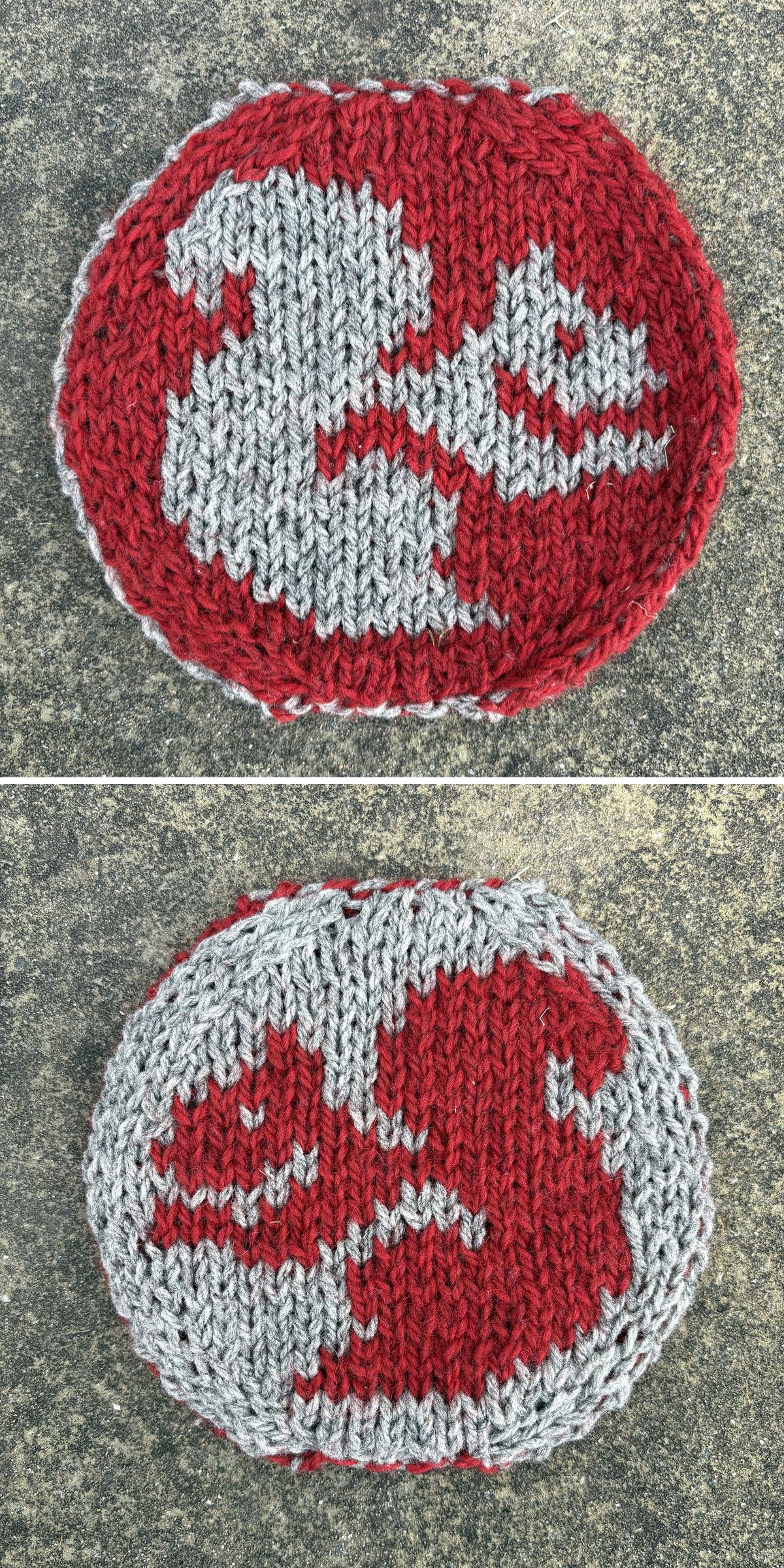 Two oval knitted coasters display mirrored red and gray images of a larger squirrel with a smaller squirrel facing each other.