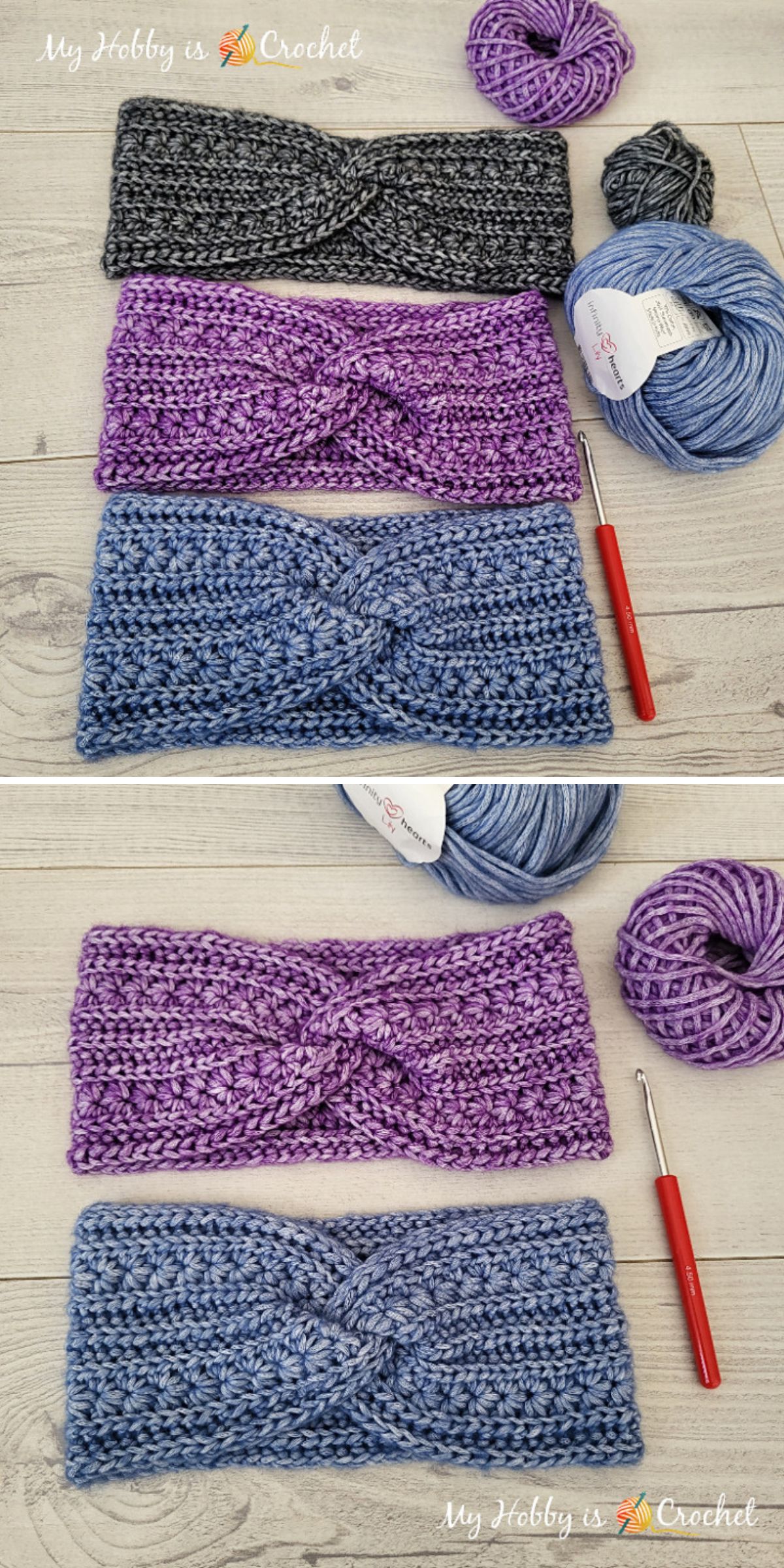 Four crochet headbands in shades of gray, purple, and blue are displayed with matching yarn balls and a crochet hook on a light wooden surface.
