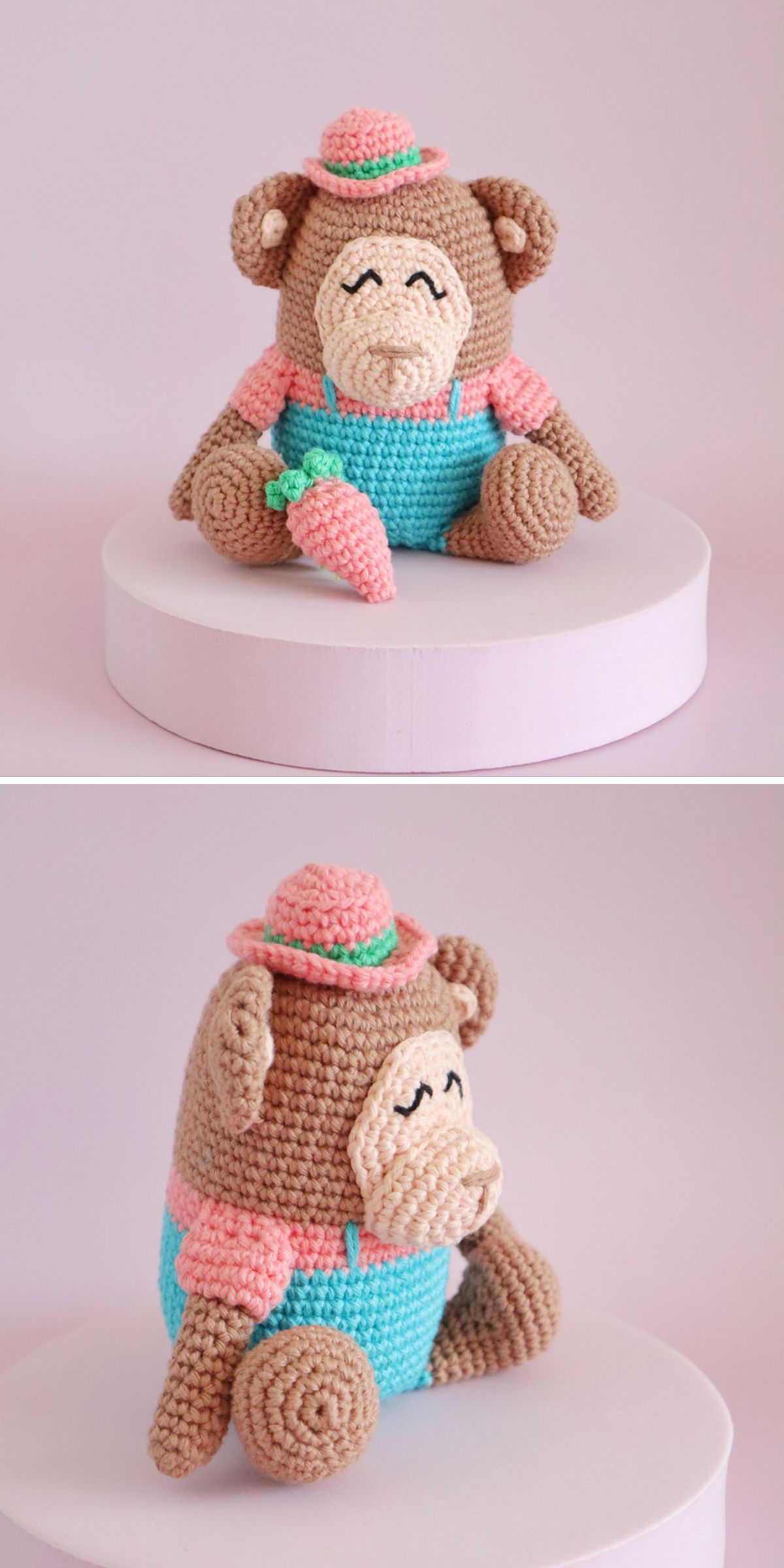 A crocheted monkey wearing a pink hat and blue overalls sits on a round platform, holding a crocheted carrot. A crochet monkey appears beside it in both the front and side views, all set against a pink background.