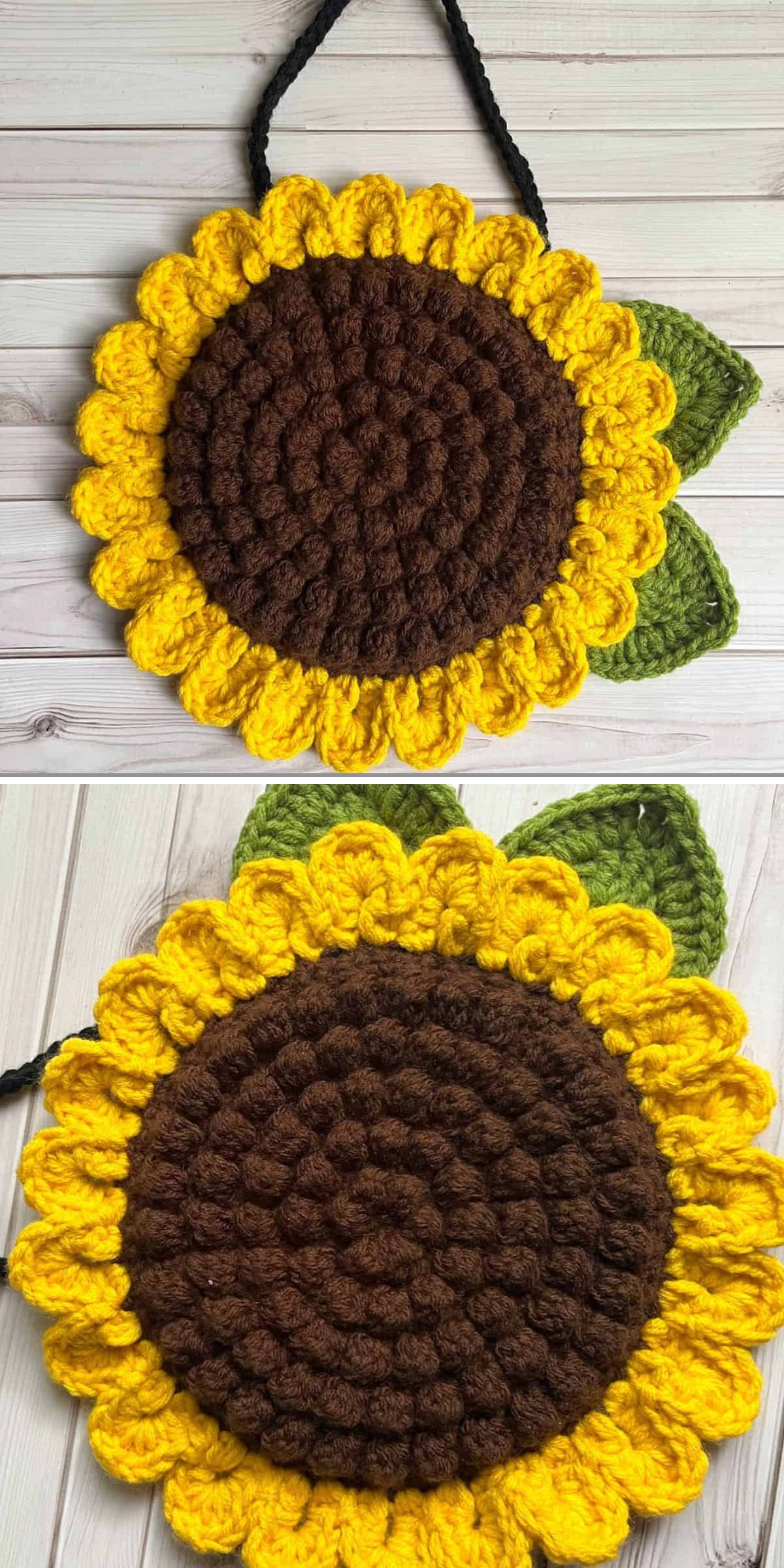 Two close-up photos of a crocheted sunflower with yellow petals, a brown center, and green leaves, displayed on a light wooden surface—perfect as an accent or charm for a crochet bag for kids.