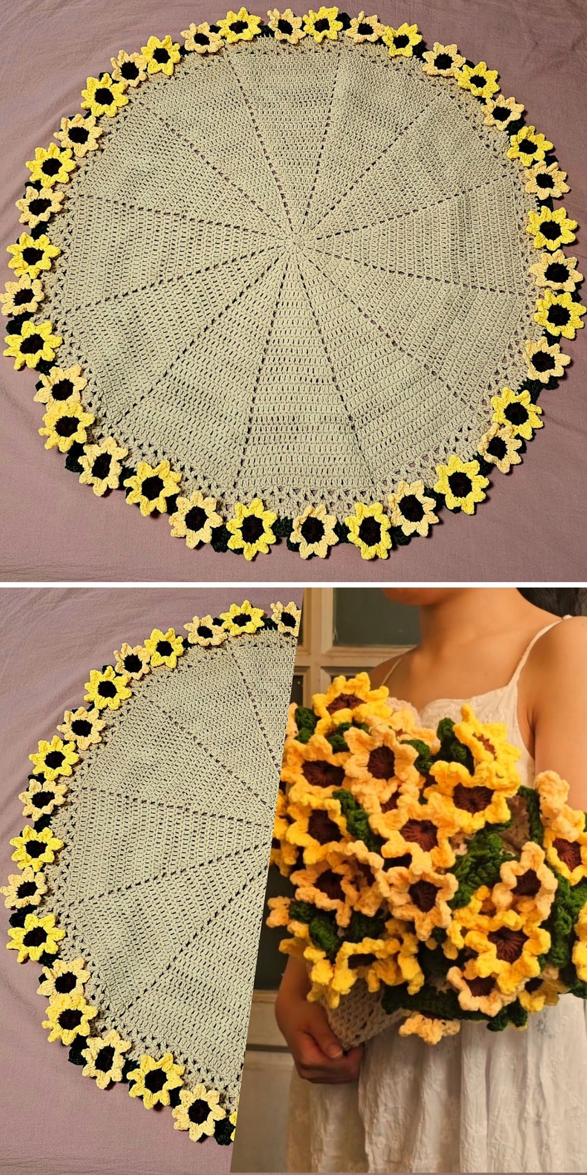 A round crocheted blanket with yellow and black flower edging, shown alone and beside a person holding a bouquet of yellow crocheted flowers — perfect as an accent or layered with your favorite round crochet blanket.