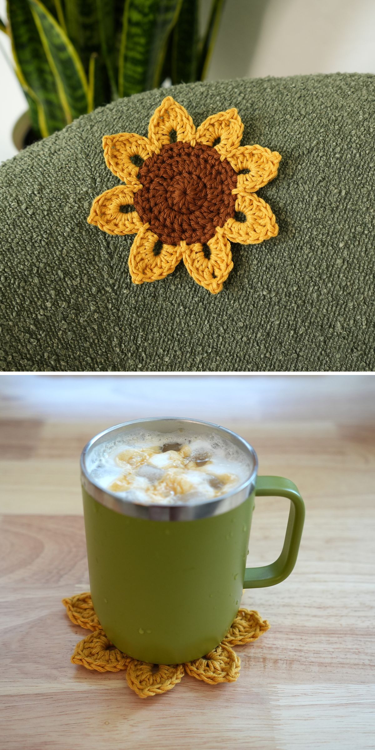 Top: A crochet sunflower with yellow petals and a brown center rests on a green fabric surface. Bottom: A green mug with frothy drink sits atop a crochet sunflower coaster on a wooden table.