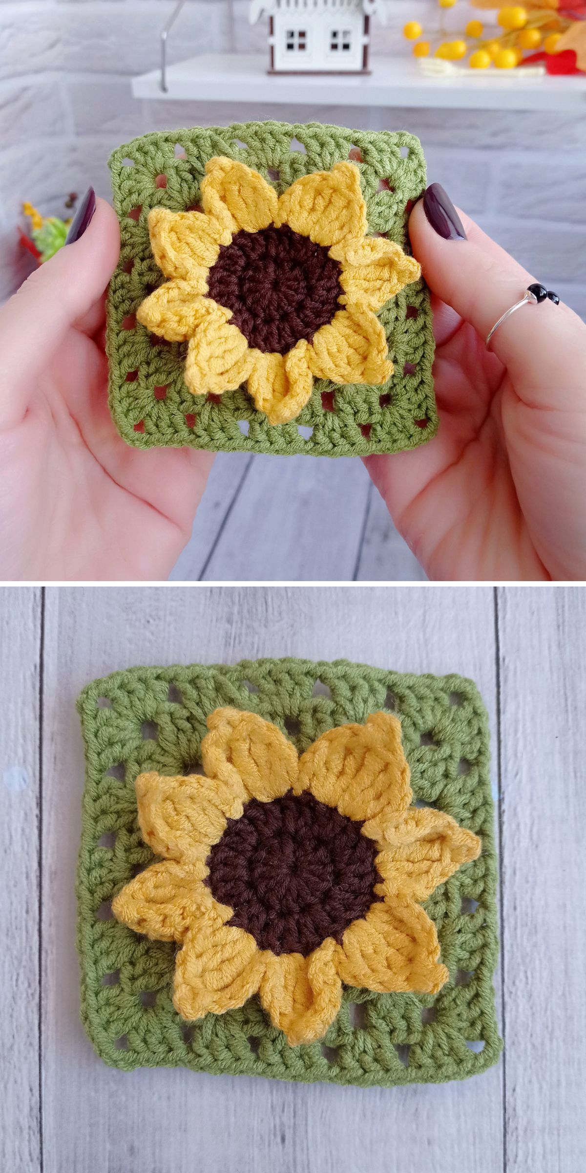 A crochet sunflower granny square, featuring yellow petals, a brown center, and a green background, is shown held in hands and laid on a wooden surface.