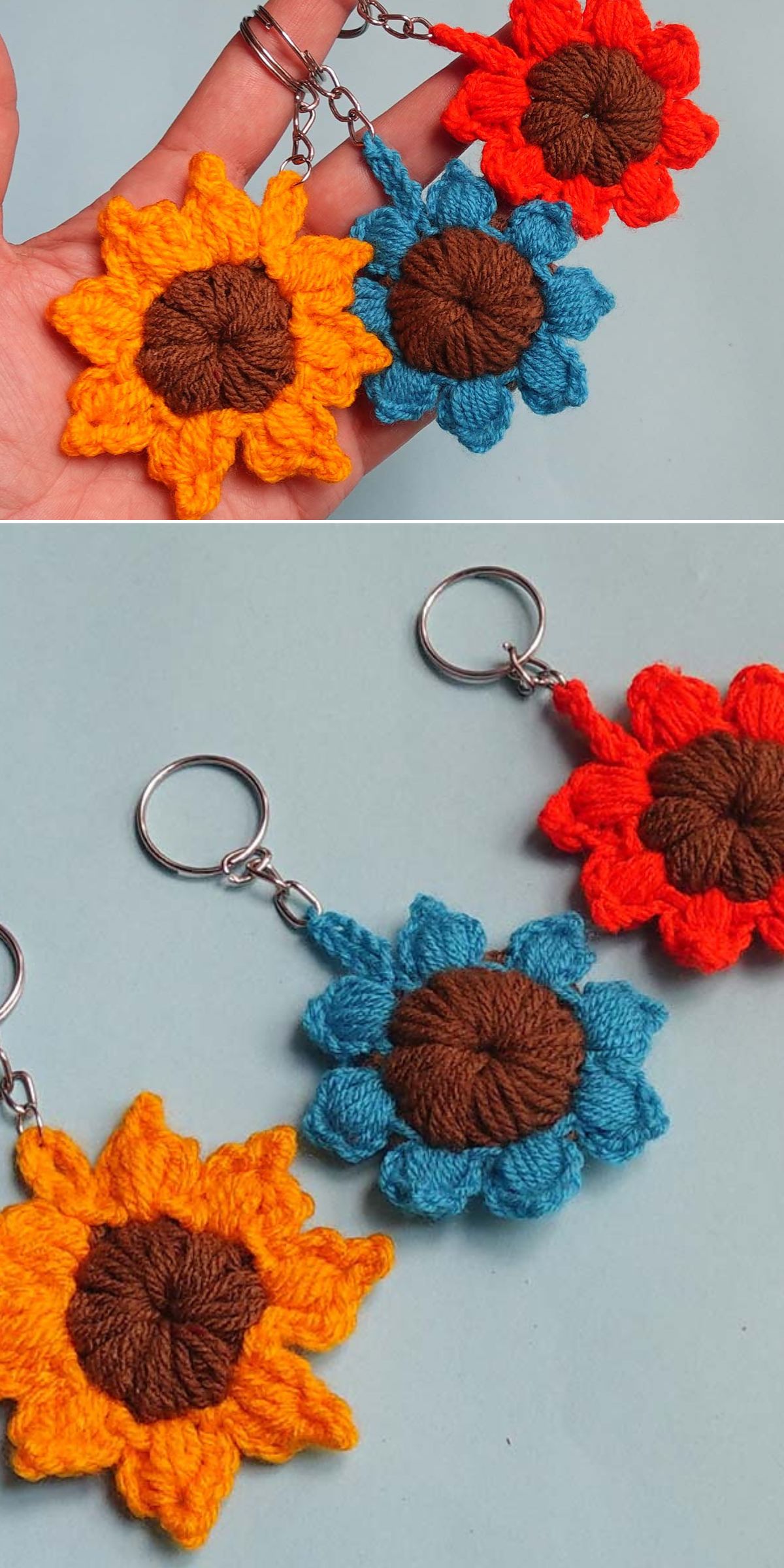 Three crochet sunflower keychains in yellow, blue, and orange, each with a brown center—perfect for fans of Sunflower Crochet—shown held in a hand and laid out on a light surface.