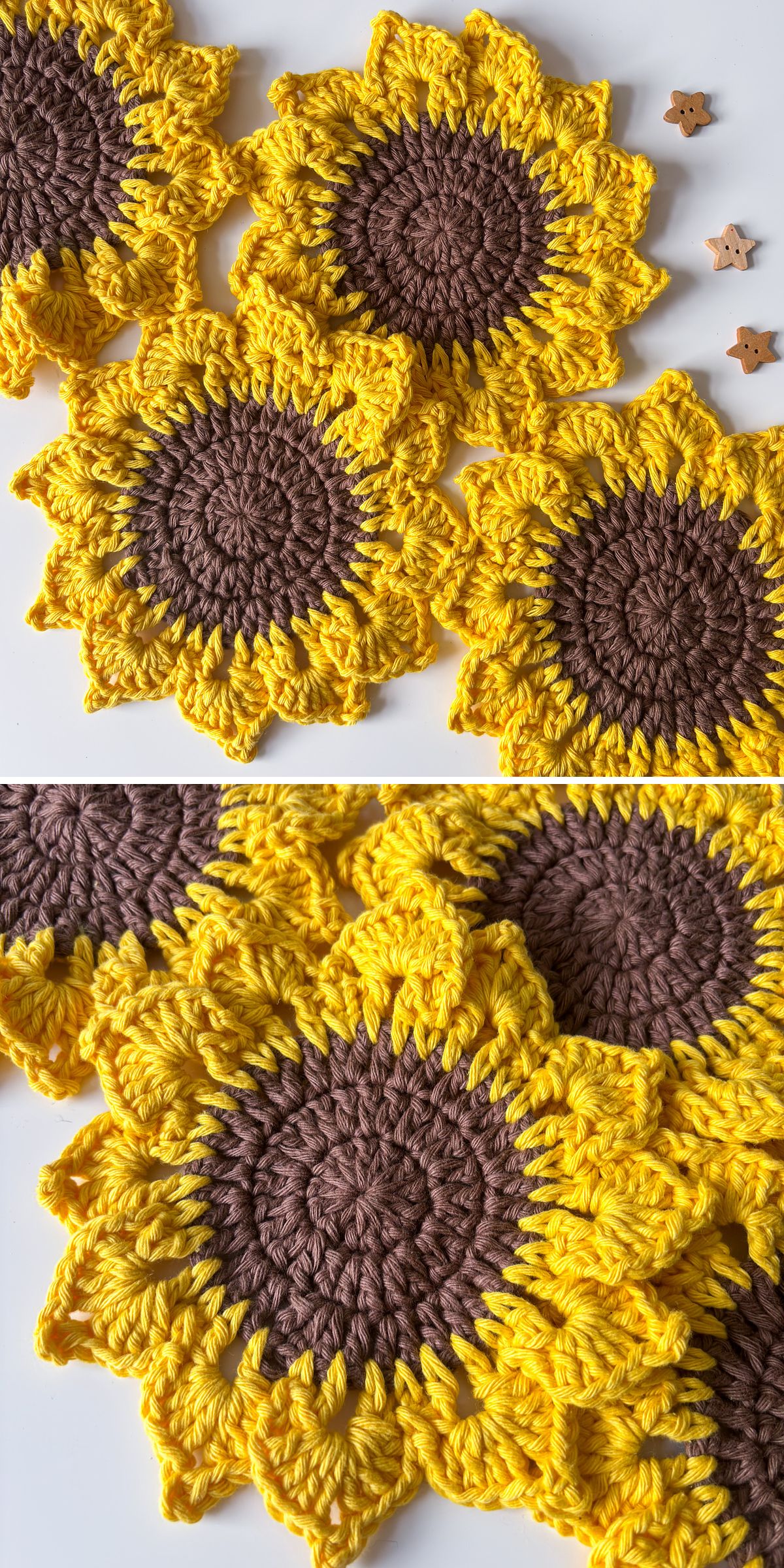 Four crocheted sunflower coasters with brown centers and yellow petals are displayed on a white surface, with three wooden star-shaped buttons nearby—a perfect showcase for Sunflower Crochet and inspiration for Free Crochet Patterns.