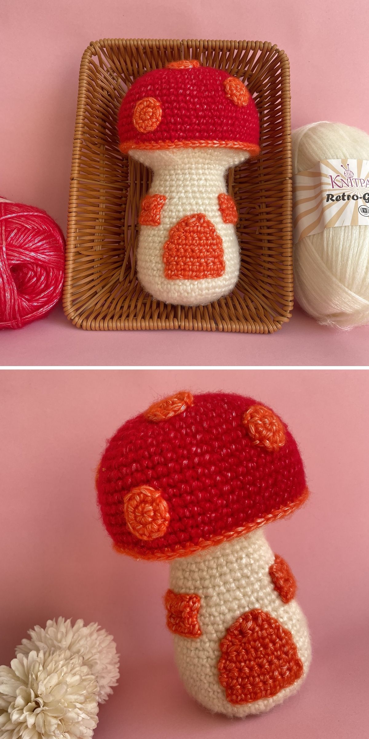 Two photos show a crochet mushroom amigurumi with a red cap and orange spots, placed in a wicker tray and next to yarn balls on a pink background.