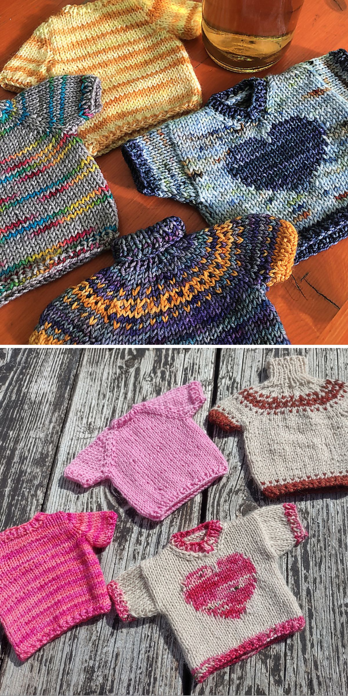 Two photos of small, colorful knitted sweaters with patterns, displayed on wooden surfaces. These vibrant designs resemble miniature knitted coasters, adding charm to any setting. The sweaters come in various colors and unique patterns.