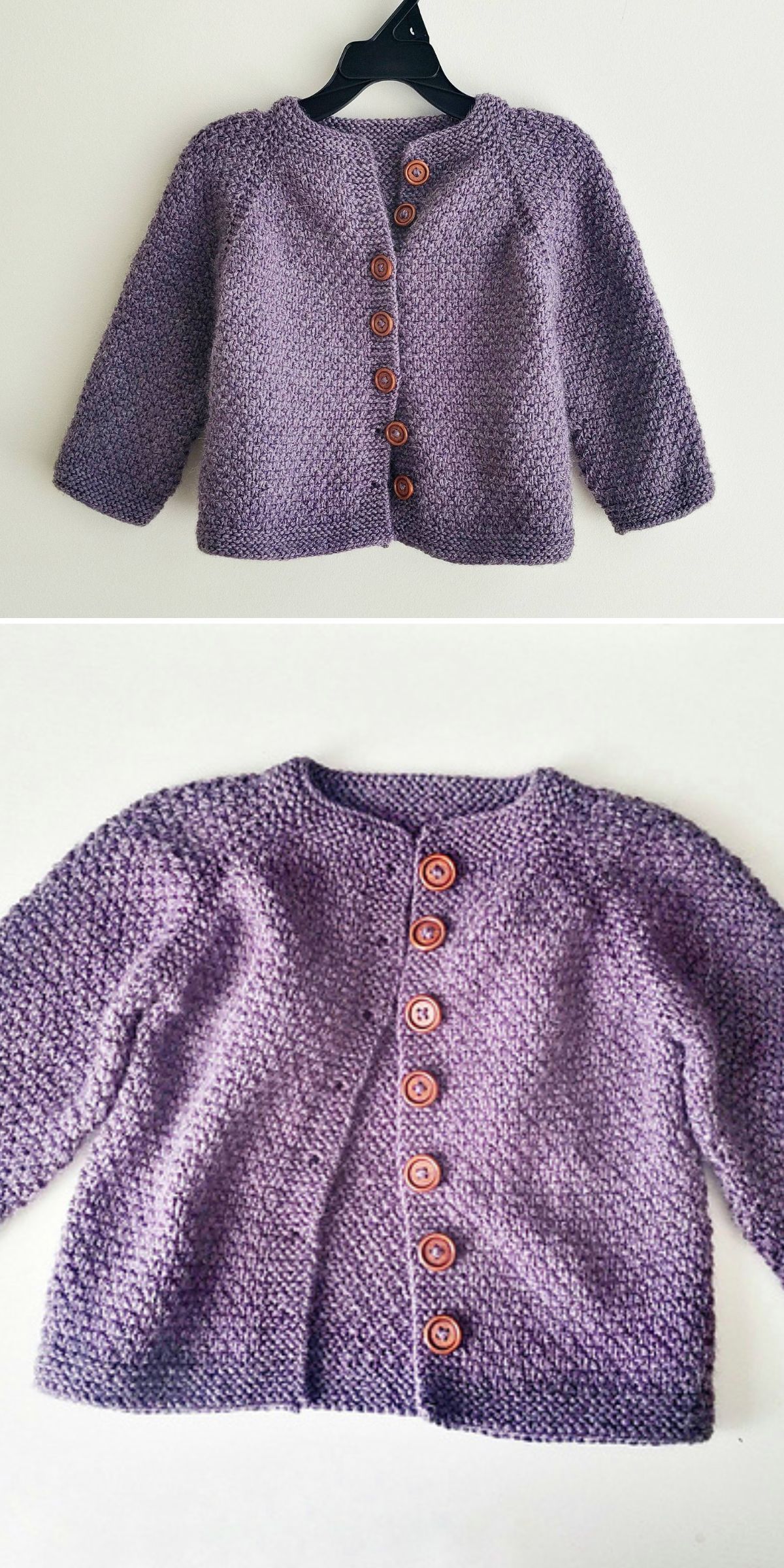 A hand-knitted purple cardigan with long sleeves and eight brown buttons arranged down the front, inspired by Free Knitting Patterns for Cardigans.
