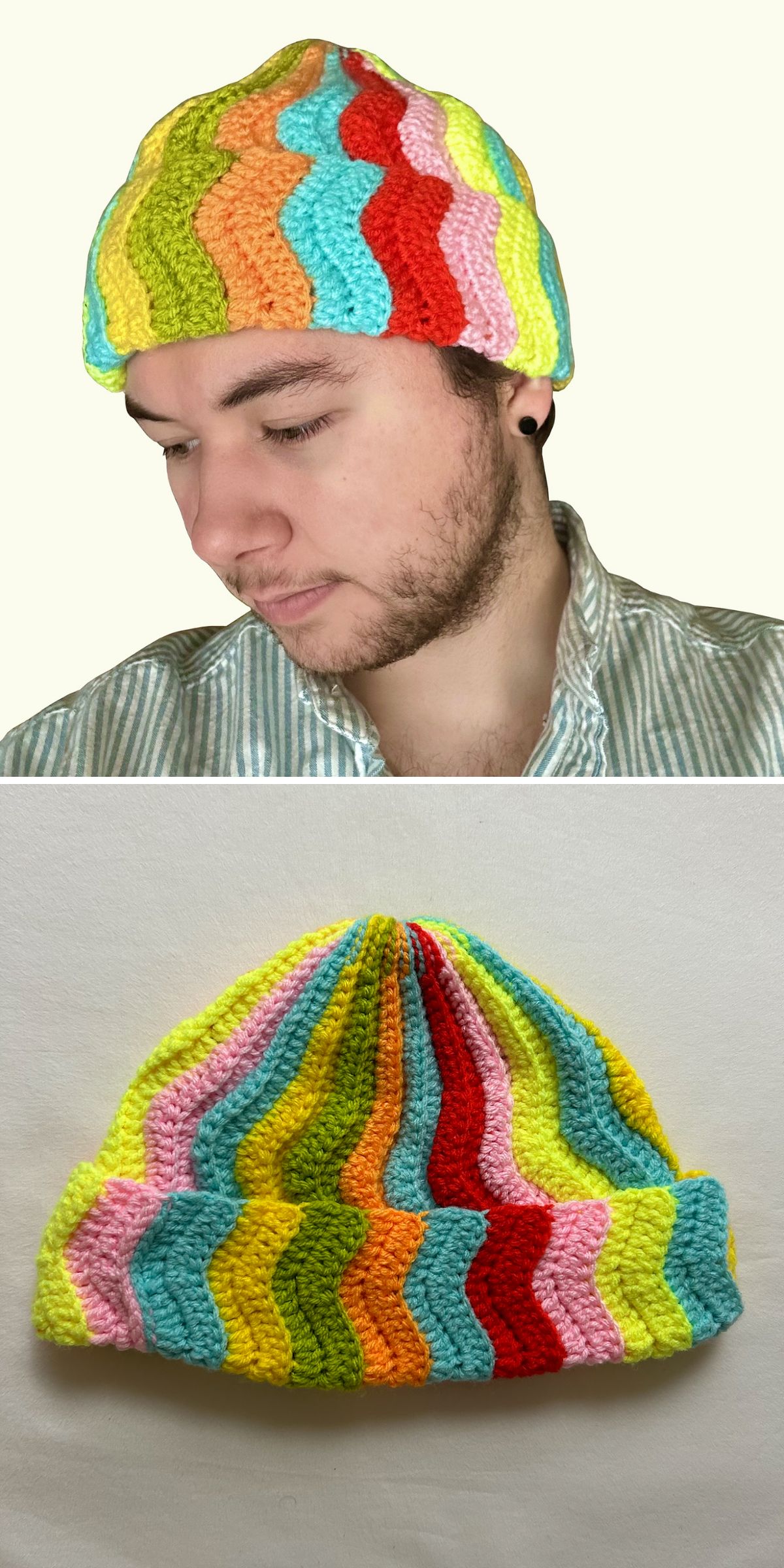A man wears a colorful, wavy-striped crochet hat for men in the top image; the same beanie is displayed flat on a white surface in the bottom image.