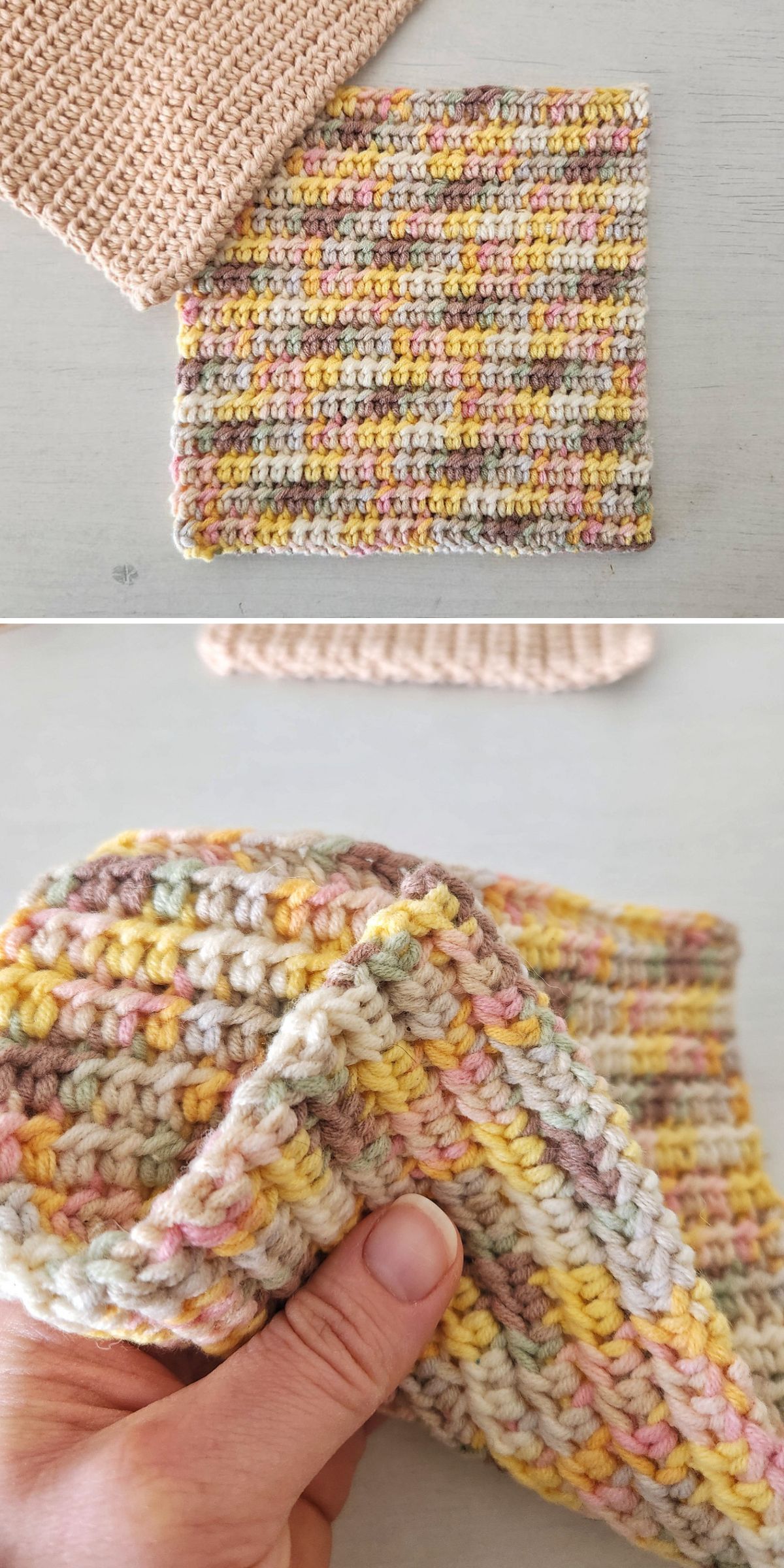 Two images show crochet swatches in pastel colors on a light surface; one is a multicolored crochet potholder and the other is beige. A hand holds the multicolored swatch in the second image.