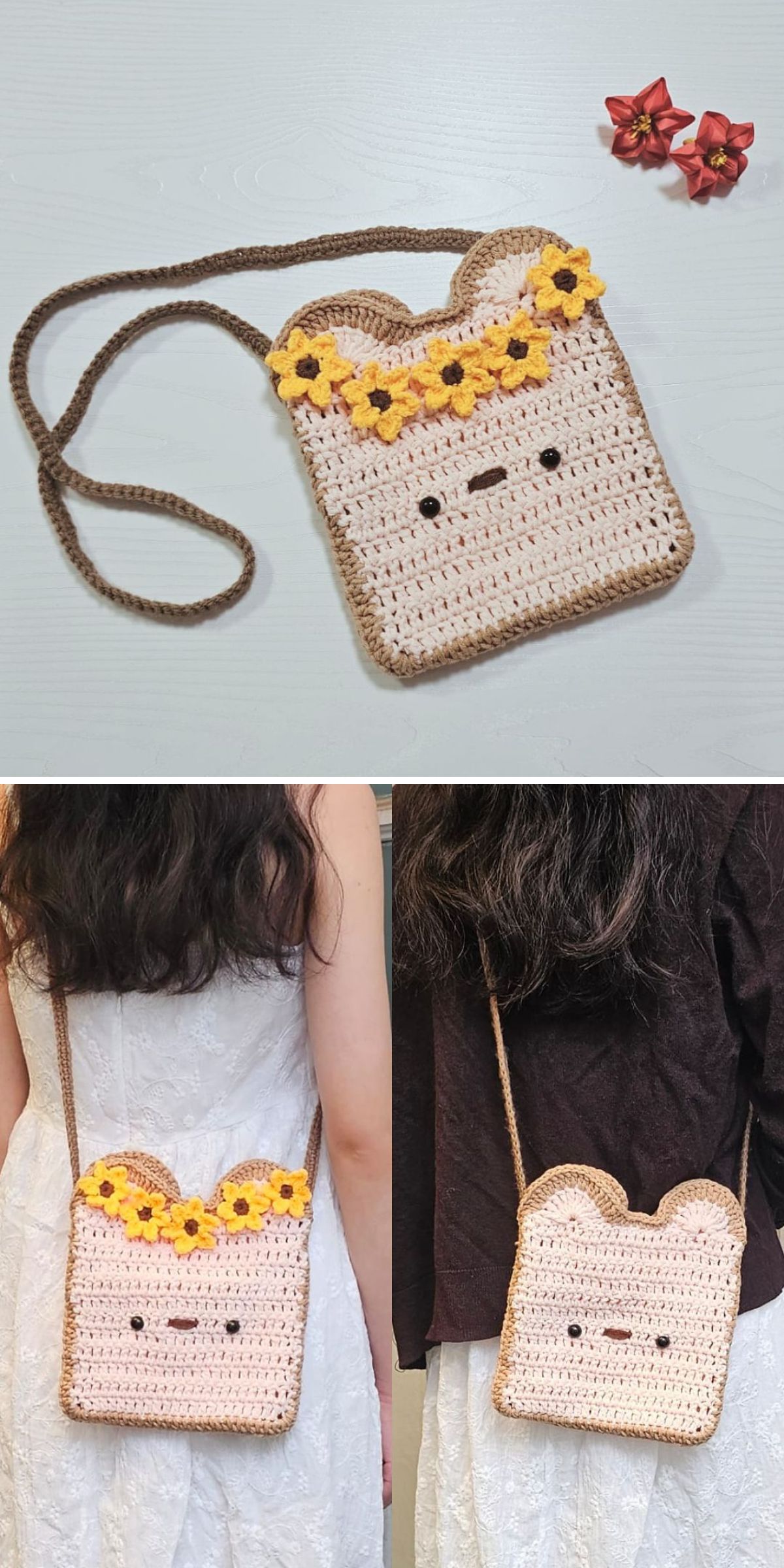A crochet bag for kids shaped like a bear’s face, decorated with yellow flowers, shown alone and worn by two people with different outfits.