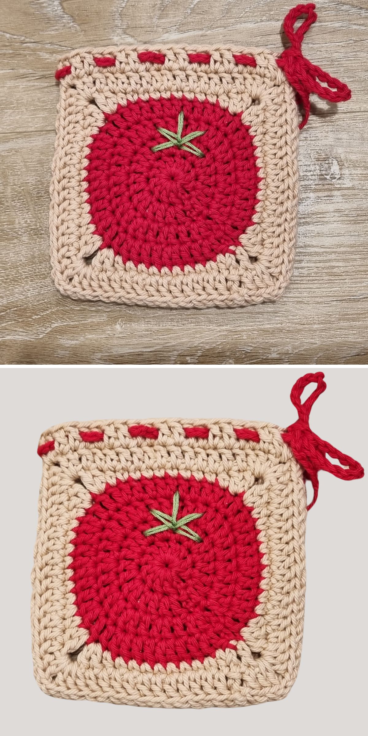 Two photos show a crocheted square featuring a red circle with green stitches in the center, resembling a tomato, bordered by beige yarn — an everyday essential for those who love free crochet pouch patterns — displayed on different backgrounds.