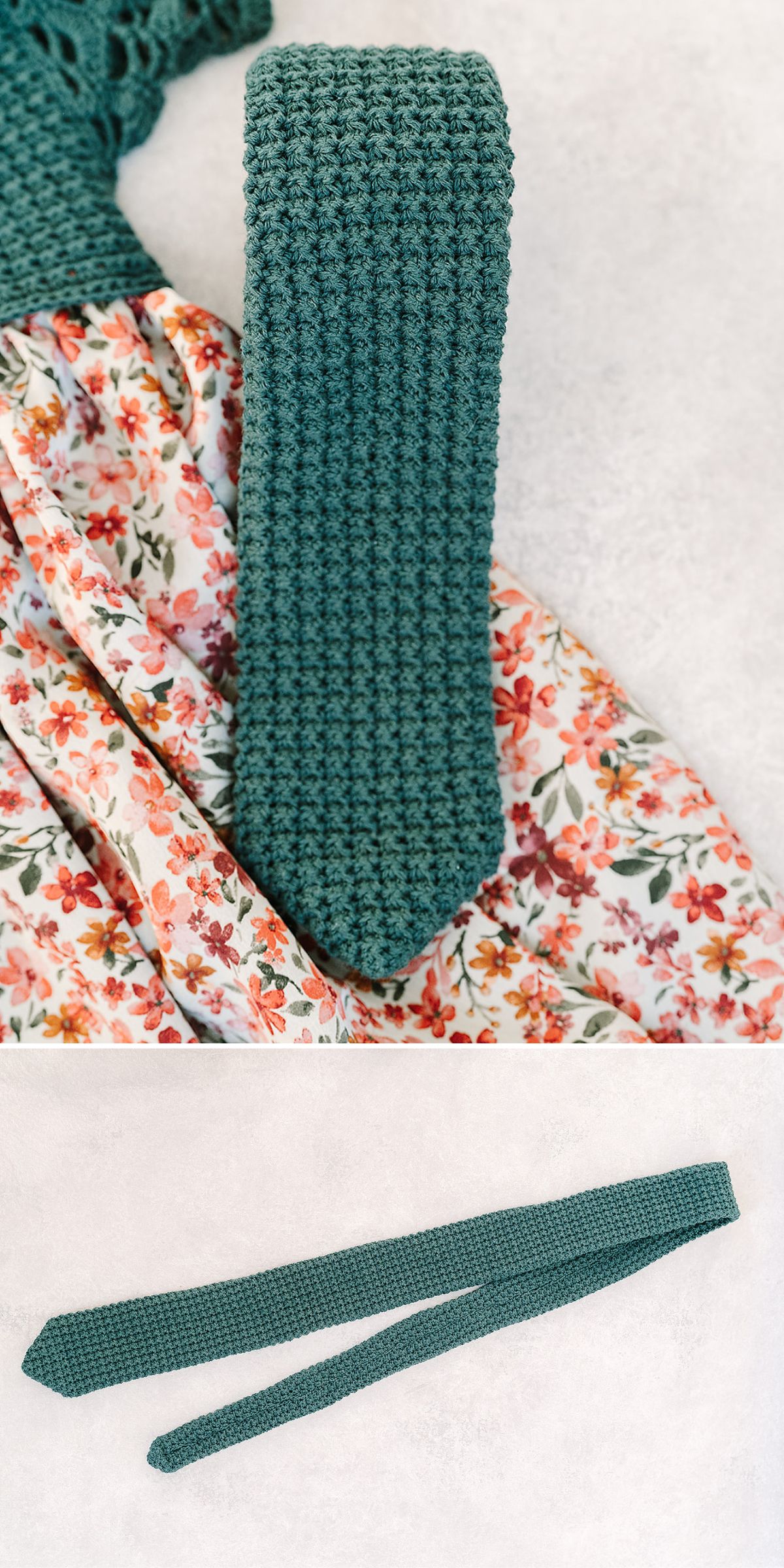 A textured, hand-knitted green tie is shown first draped over a floral-patterned fabric and then laid flat on a light surface, offering inspiration for unique crochet accessories.