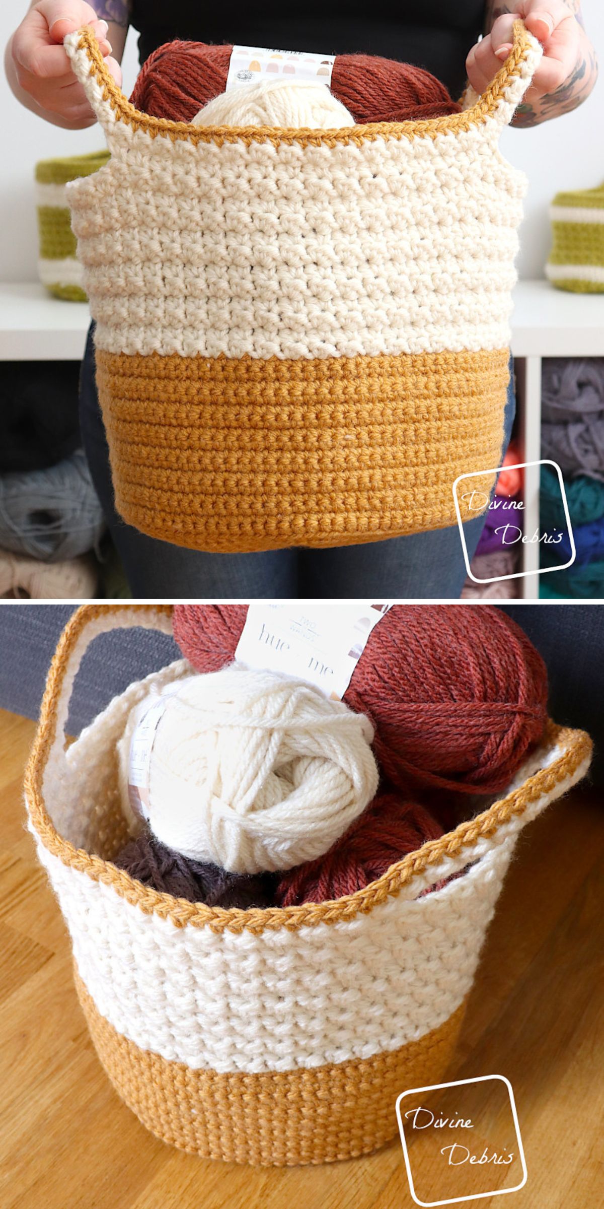 Two-panel image showing a crochet basket in cream and mustard colors, filled with skeins of yarn. The crochet basket is displayed by a person and sits on a wooden surface.