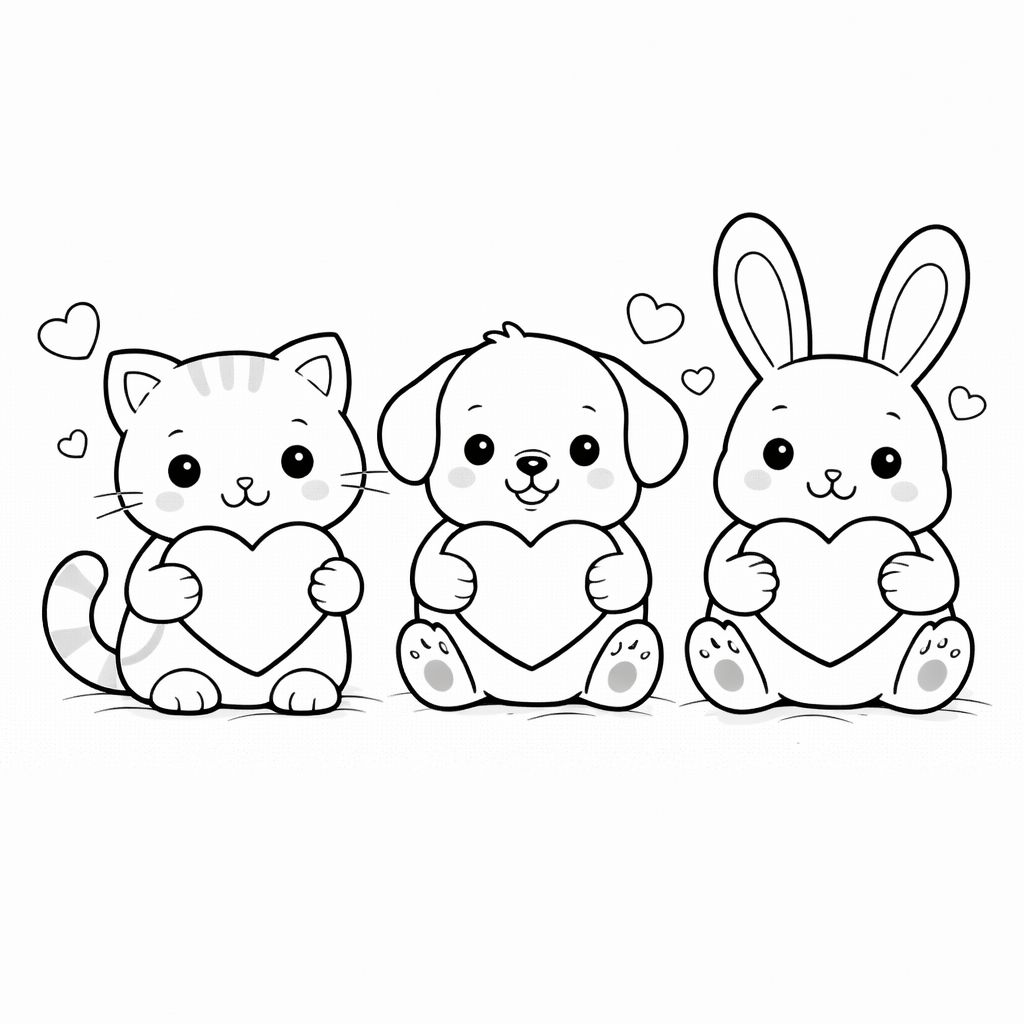 A cartoon cat, dog, and rabbit sit in a row, each holding a heart shape, with small hearts floating around them on a plain background.