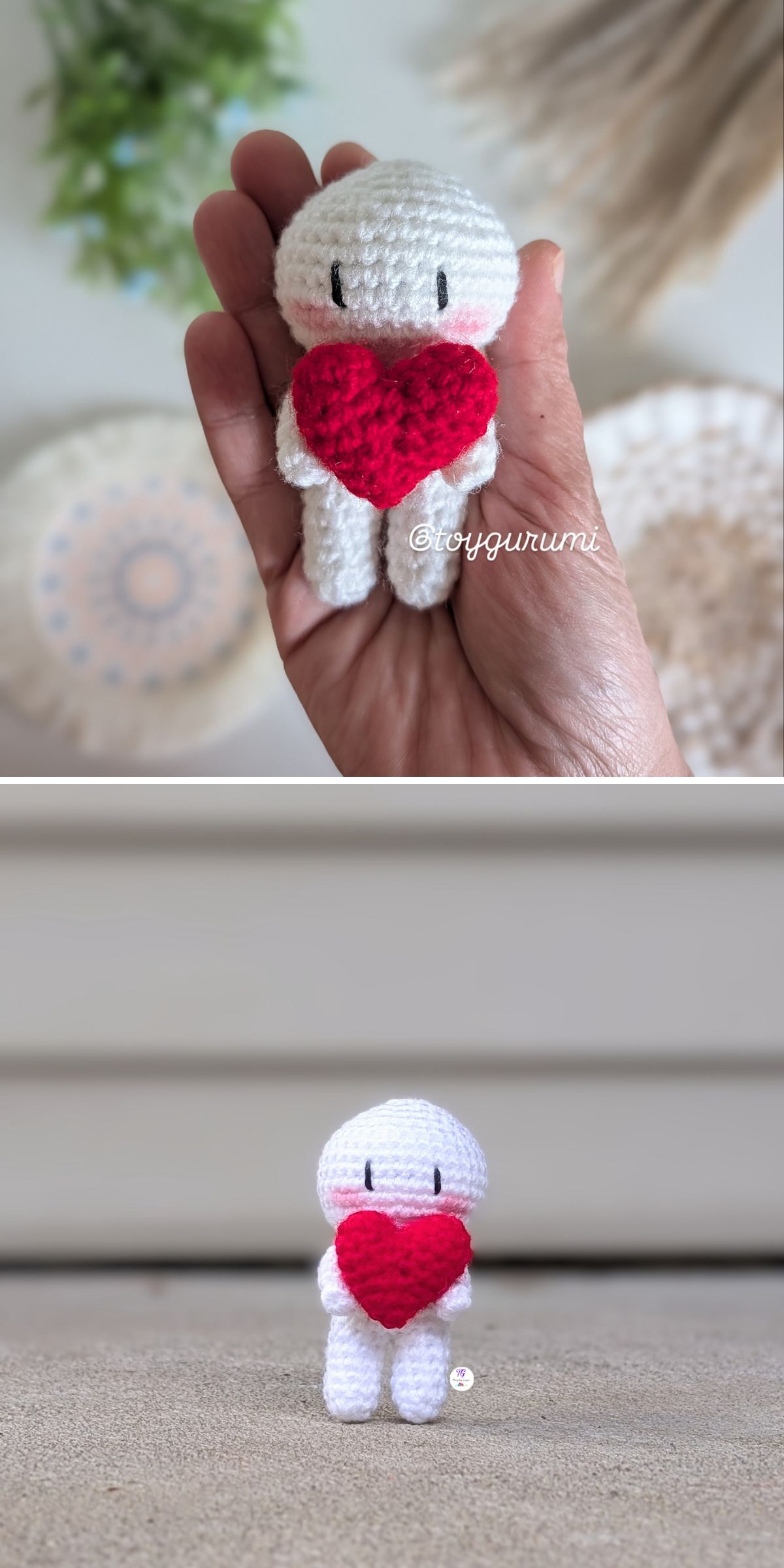 A hand holds a small crocheted white amigurumi figure with a red heart; in the second image, the amigurumi hearts creation stands on a flat surface.