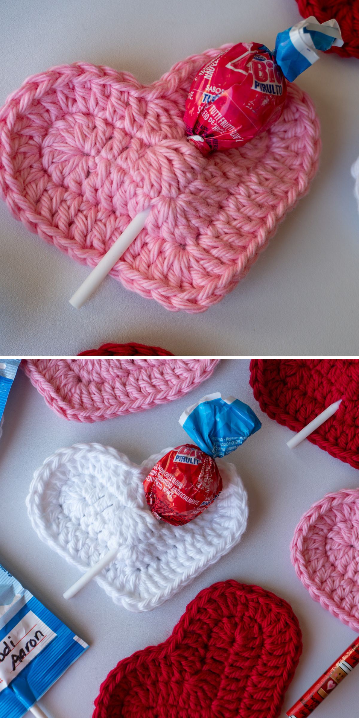 Two photos show hearts crocheted in pink, white, and red, each holding a lollipop on top, arranged on a white surface.
