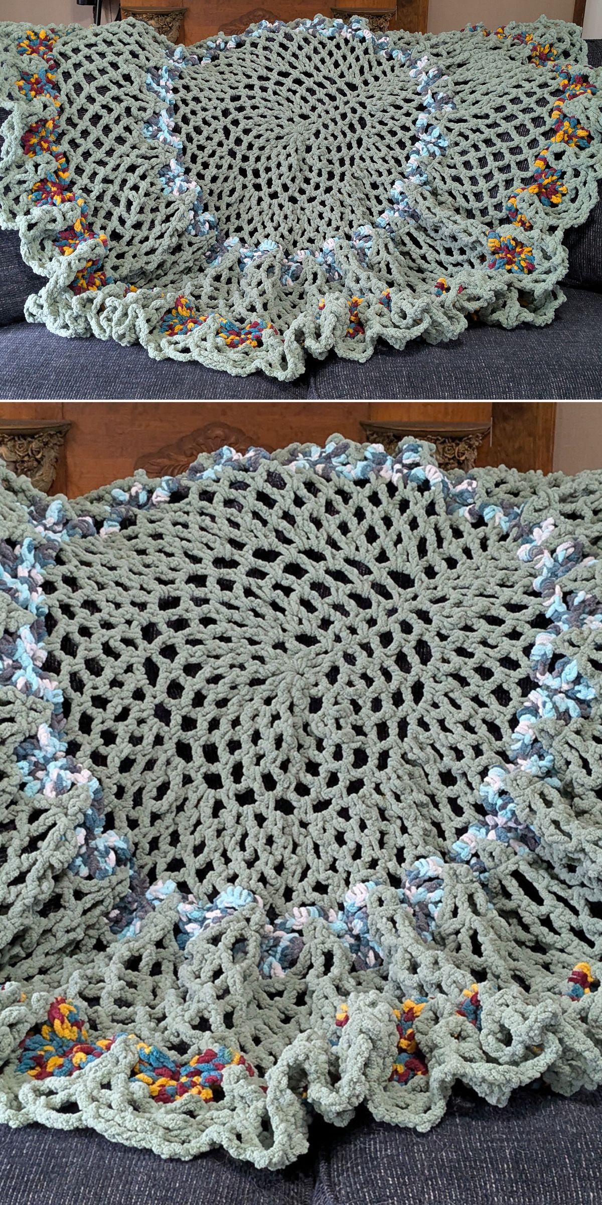 A round crochet blanket with a lacy, handmade design in light green and colorful accents is draped over a dark couch, adding a cozy and vibrant touch.