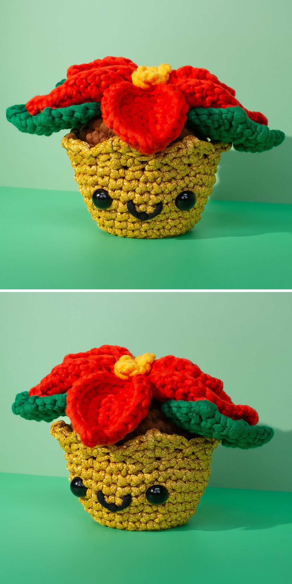 Two photos of a crochet plant pot with a smiling face, red and green flower petals, and black button eyes, set against a green background. This charming crochet plant adds a cheerful touch to any space.