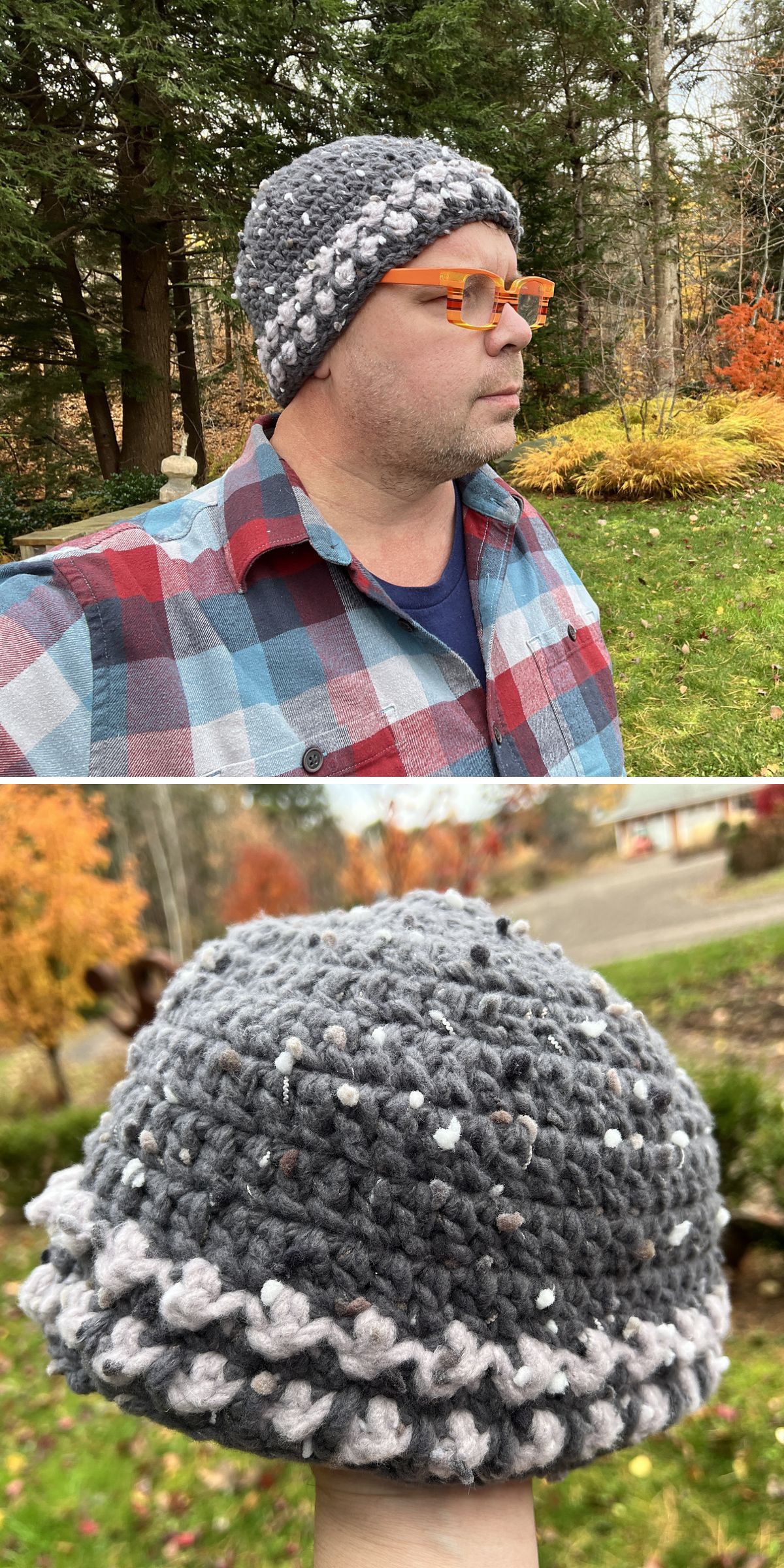 A person in orange glasses and a plaid shirt stands outdoors in autumn, modeling a chunky gray and white beanie—one of our favorite men's crochet hats—shown close up in the second image.