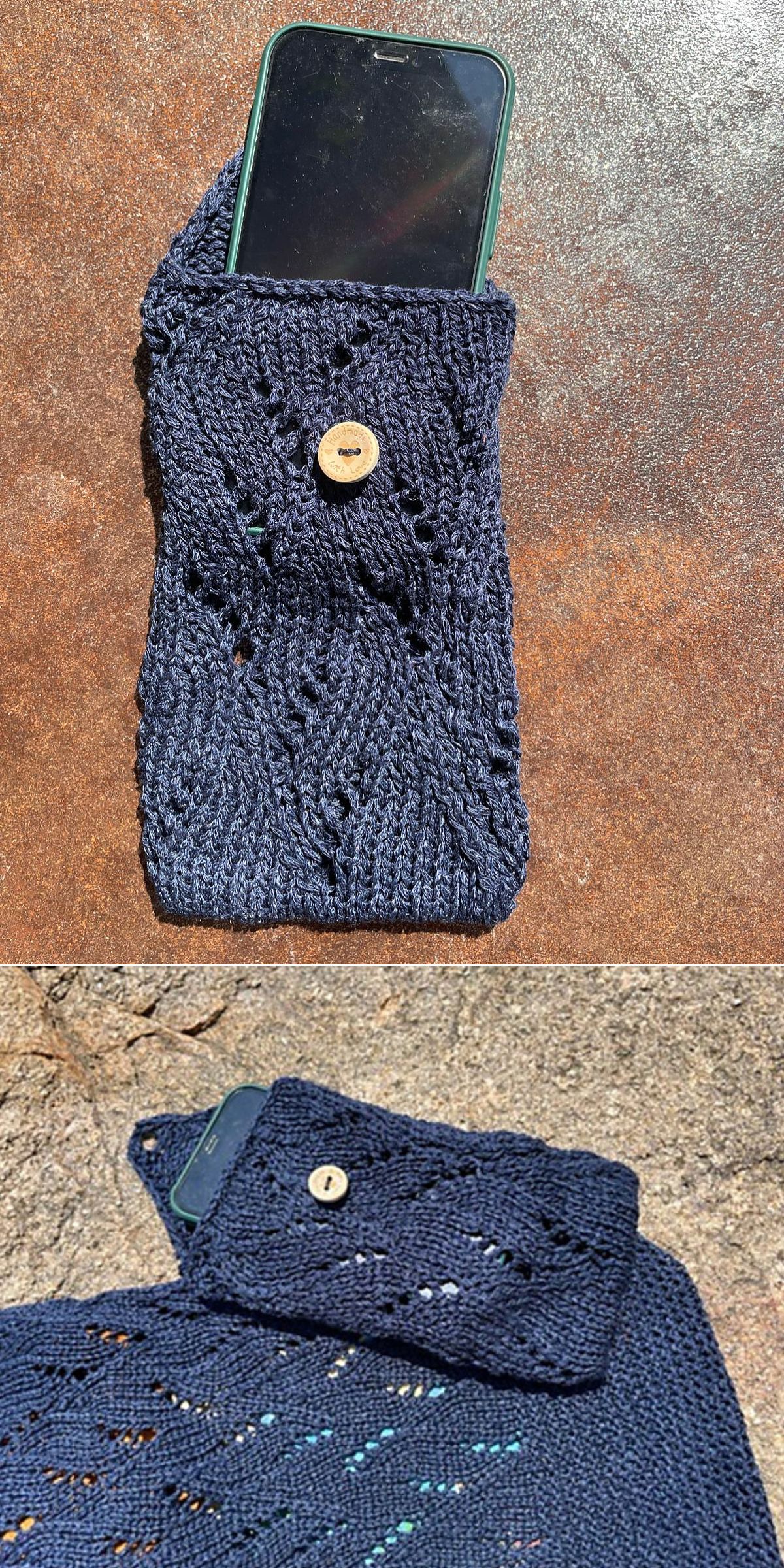 A phone partially inside a navy blue knit pouch with a button closure, perfect for small projects, shown on a flat surface and in another image with the pouch open outdoors.