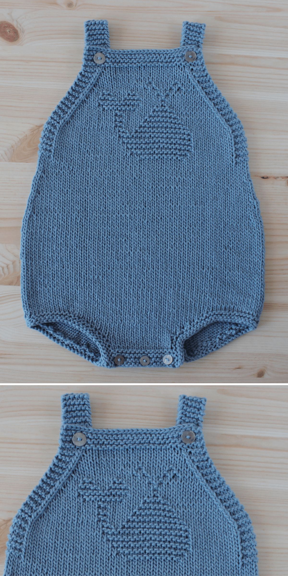 Blue knitted baby romper with two shoulder straps, buttons, and a whale design on the chest, displayed flat on a light wooden surface — a charming addition to any collection of knitted kids clothes.