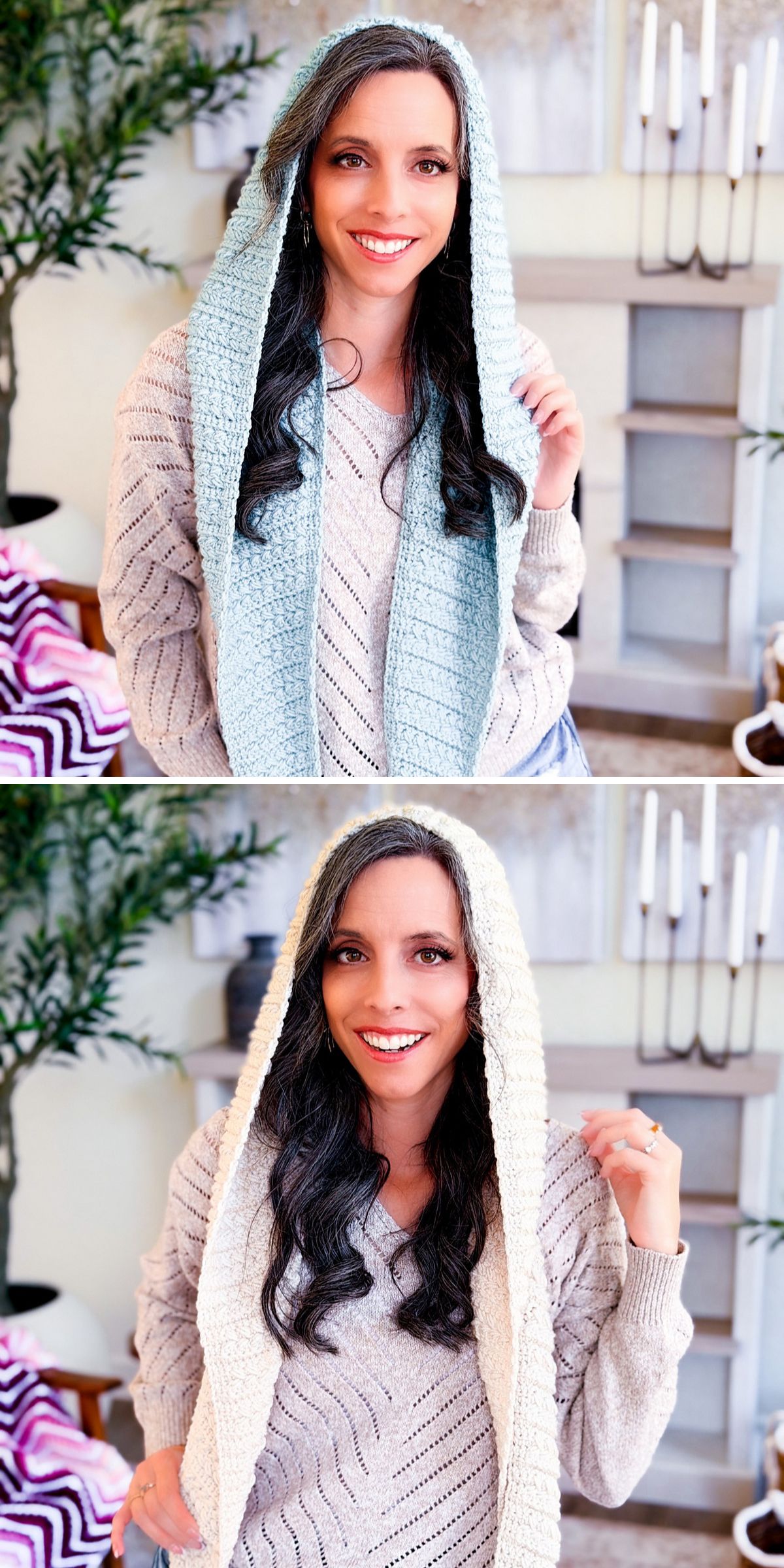 A woman with long dark hair models two different crochet hoods, one light blue and one cream, inside a room with home decor and plants in the background.