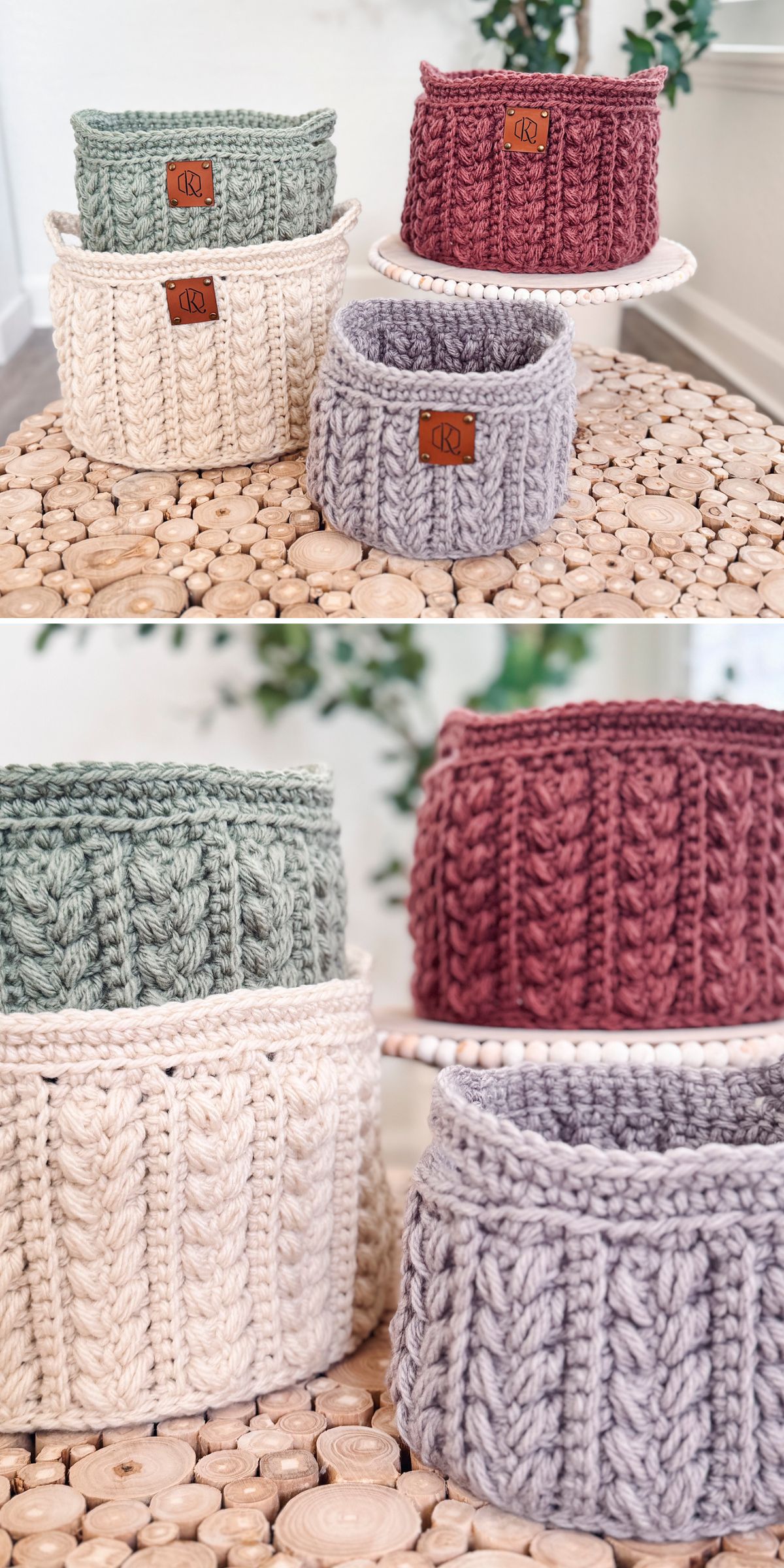 Four handmade crochet baskets in green, burgundy, cream, and gray, displayed on a textured wooden surface with natural lighting.